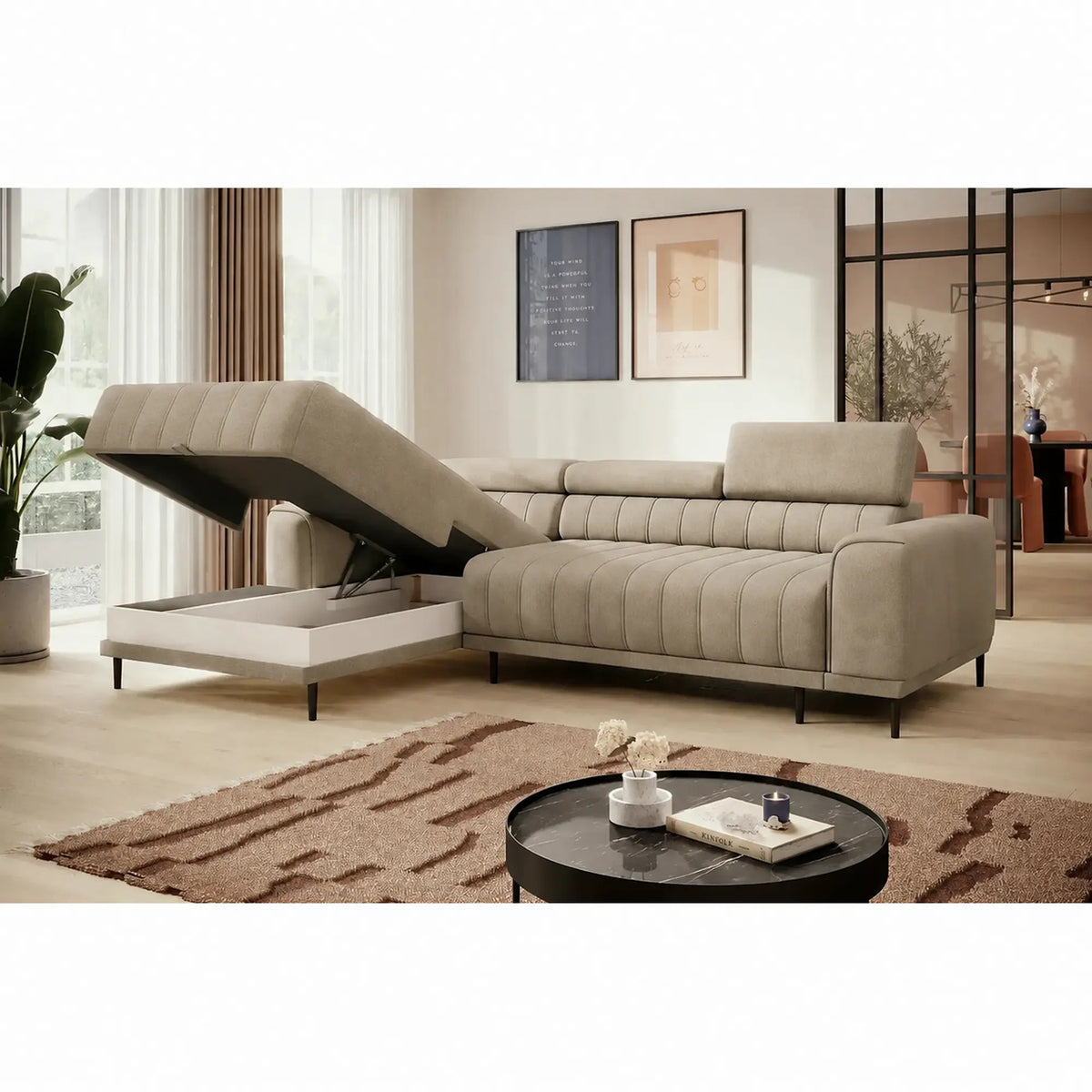 Coltar extensibil CALDO MINI, sezlong stanga, stofa catifelata bej - Riviera 16, cu lada depozitare si tetiere reglabile, 272x178x99 cm