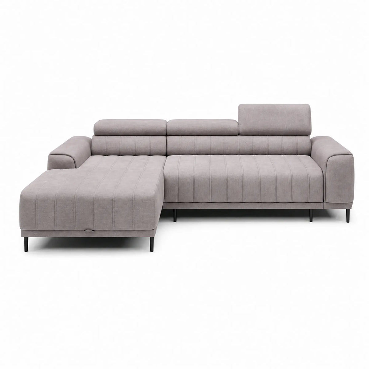 Coltar extensibil CALDO MINI, sezlong stanga, stofa catifelata bej - Whisper 03, cu lada depozitare si tetiere reglabile, 272x178x99 cm