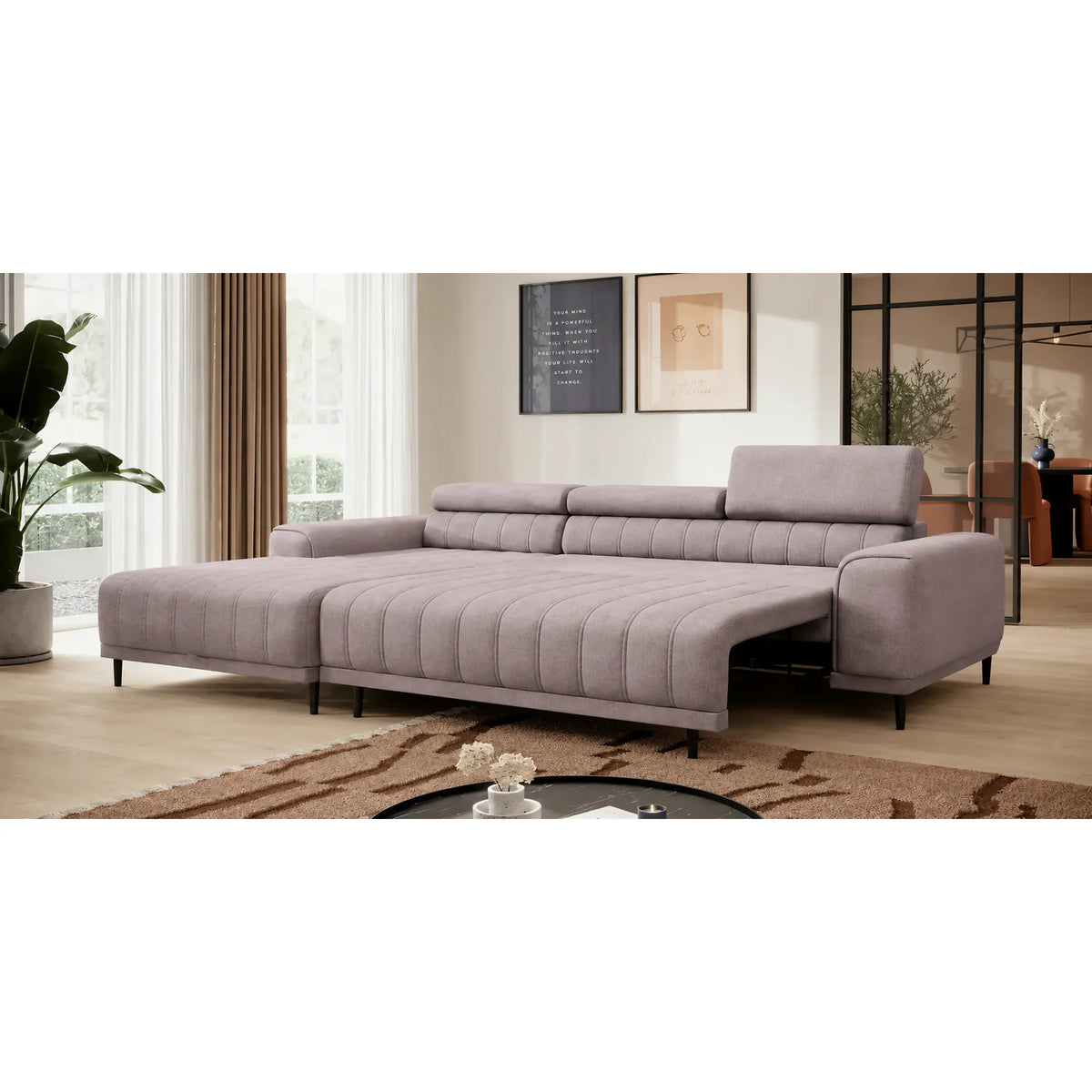 Coltar extensibil CALDO MINI, sezlong stanga, stofa catifelata bej - Whisper 03, cu lada depozitare si tetiere reglabile, 272x178x99 cm