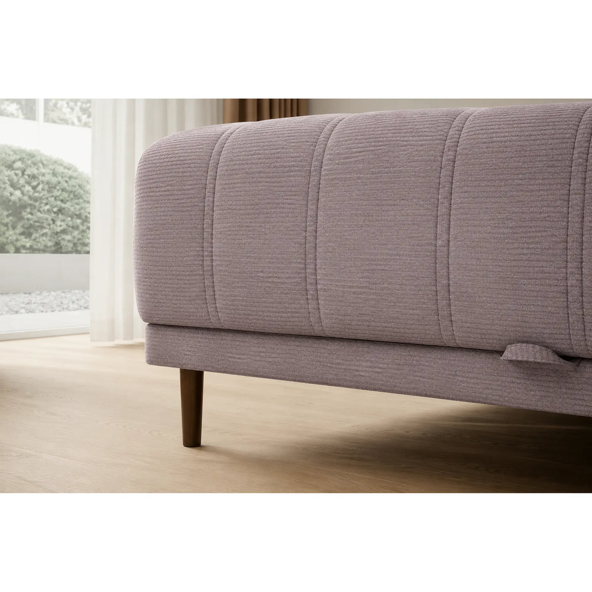 Coltar extensibil CALDO MINI, sezlong stanga, stofa catifelata bej - Whisper 03, cu lada depozitare si tetiere reglabile, 272x178x99 cm