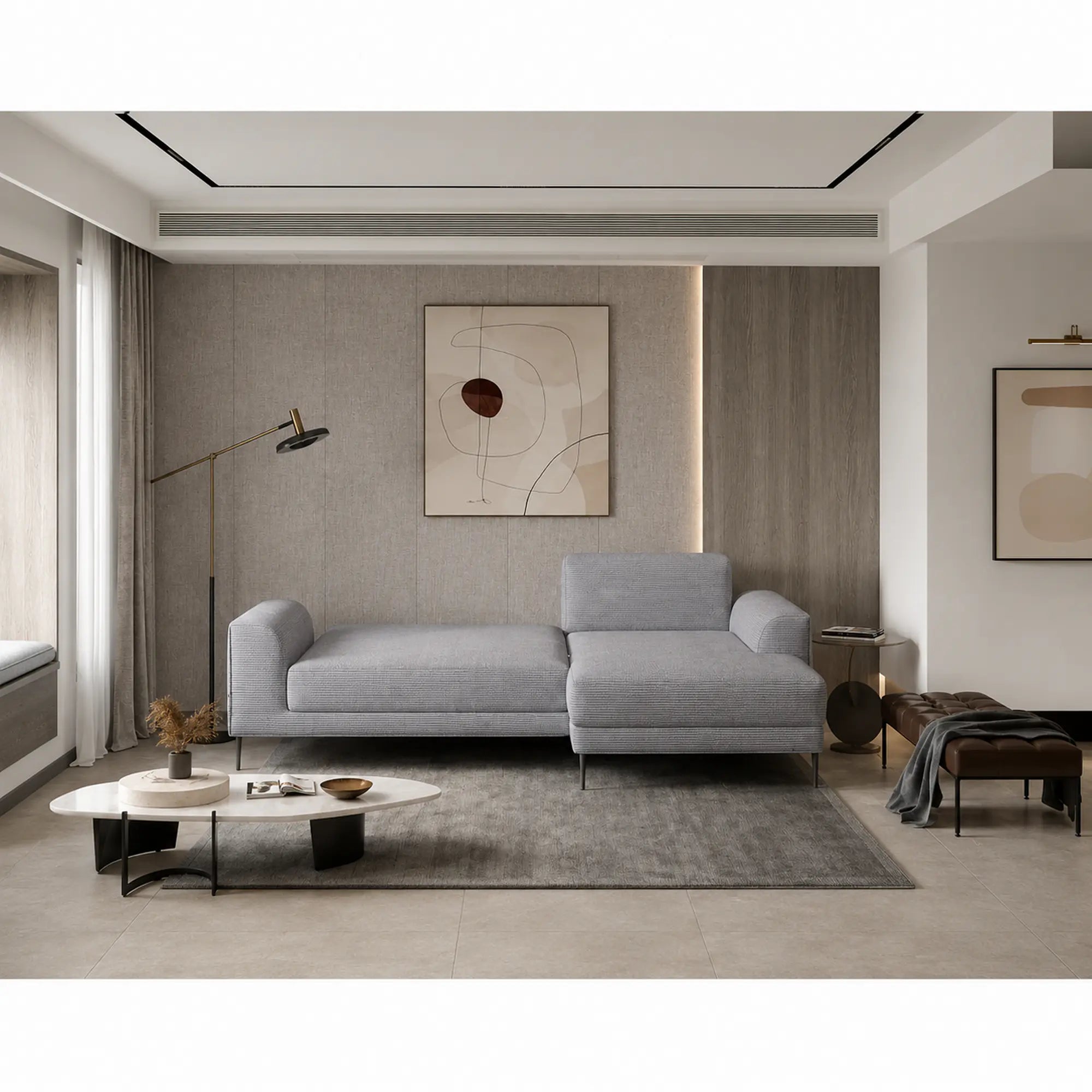 Coltar extensibil CAPITOL, sezlong dreapta, stofa catifelata gri - Whisper 17, cu lada depozitare, 276x175x89 cm