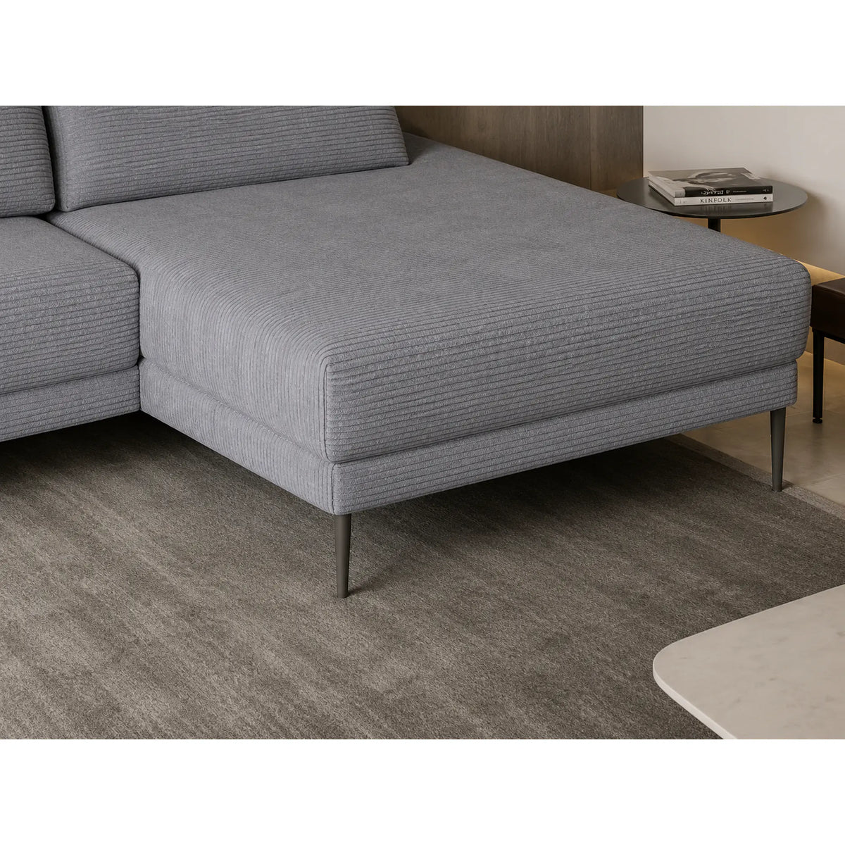 Coltar extensibil CAPITOL, sezlong dreapta, stofa catifelata gri - Whisper 17, cu lada depozitare, 276x175x89 cm
