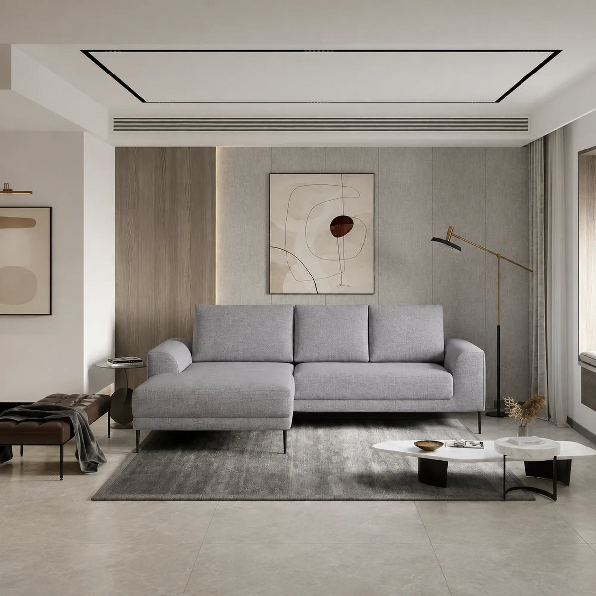 Coltar extensibil CAPITOL, sezlong stanga, stofa catifelata gri - Whisper 17, cu lada depozitare, 276x175x89 cm