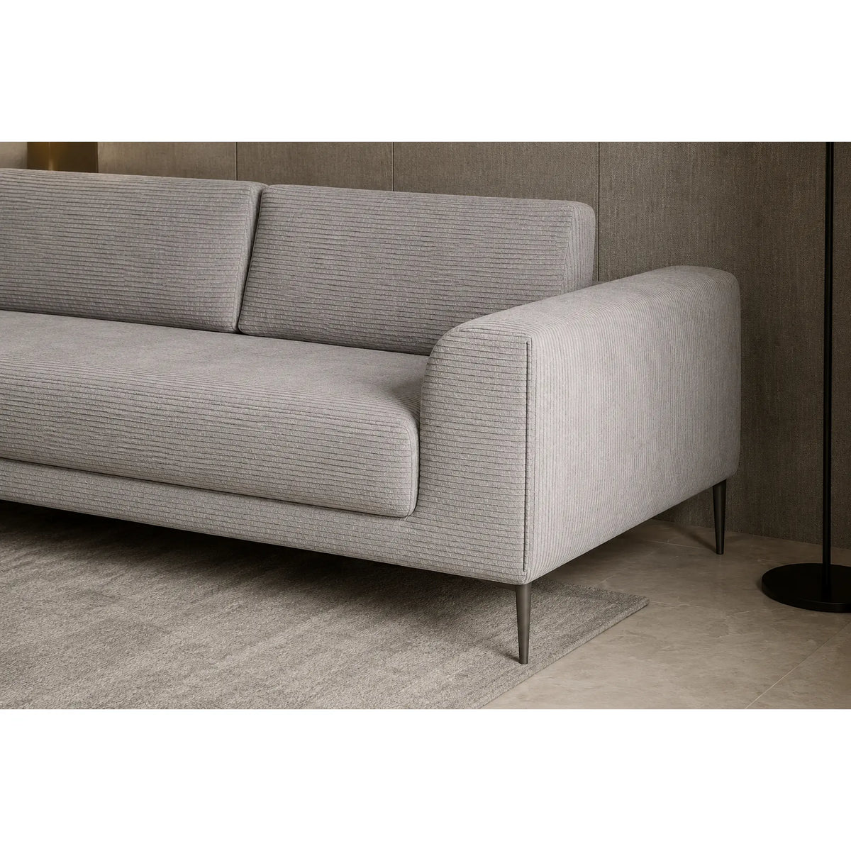 Coltar extensibil CAPITOL, sezlong stanga, stofa catifelata gri - Whisper 17, cu lada depozitare, 276x175x89 cm
