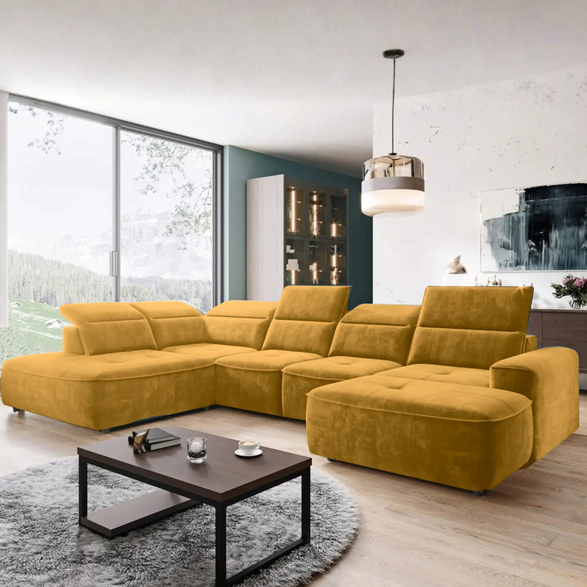 Coltar extensibil COLOMBO XL, sezlong stanga, stofa clasica galben mustar - Austin 11, cu sistem electric de ajustare a adancimii, tetiere, spatar si sezut reglabile, lada depozitare, 376x227x103 cm
