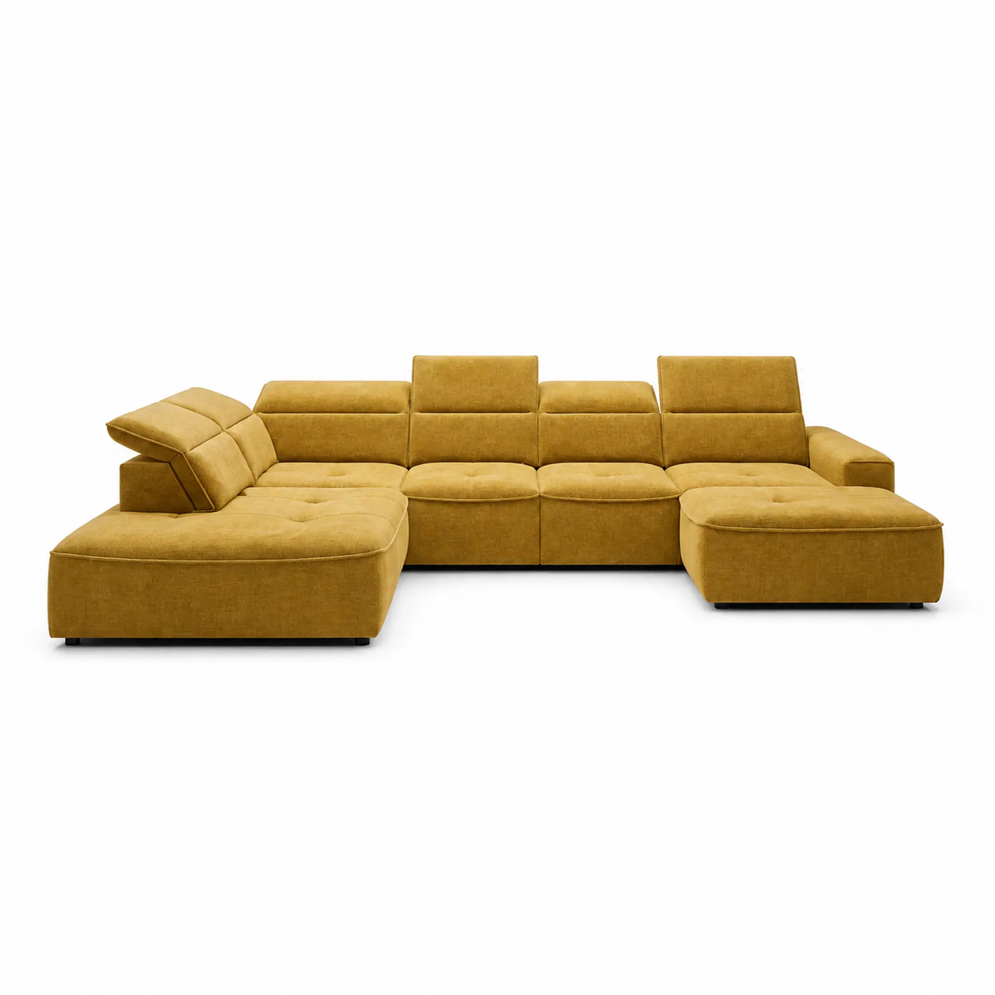 Coltar extensibil COLOMBO XL, sezlong stanga, stofa clasica galben mustar - Austin 11, cu sistem electric de ajustare a adancimii, tetiere, spatar si sezut reglabile, lada depozitare, 376x227x103 cm