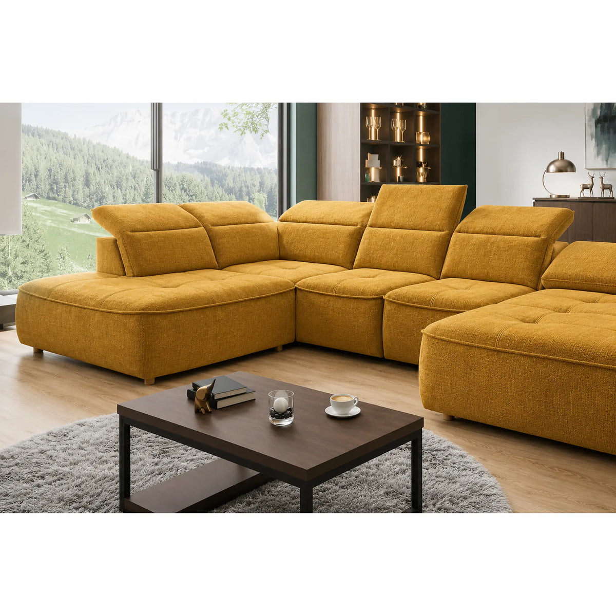 Coltar extensibil COLOMBO XL, sezlong stanga, stofa clasica galben mustar - Austin 11, cu sistem electric de ajustare a adancimii, tetiere, spatar si sezut reglabile, lada depozitare, 376x227x103 cm