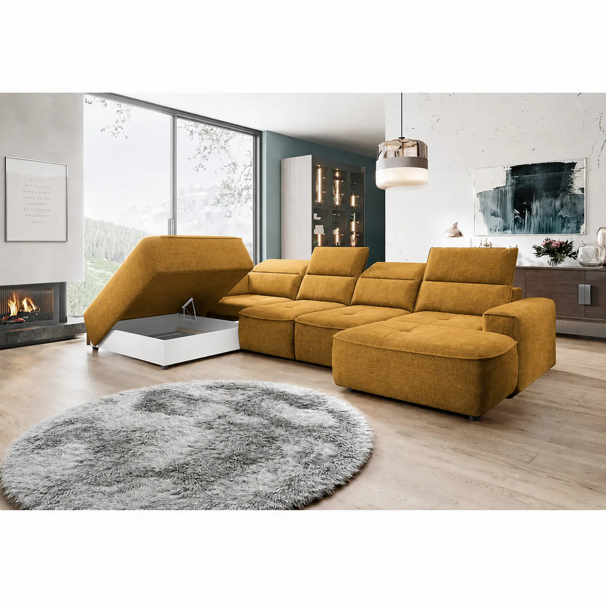Coltar extensibil COLOMBO XL, sezlong stanga, stofa clasica galben mustar - Austin 11, cu sistem electric de ajustare a adancimii, tetiere, spatar si sezut reglabile, lada depozitare, 376x227x103 cm