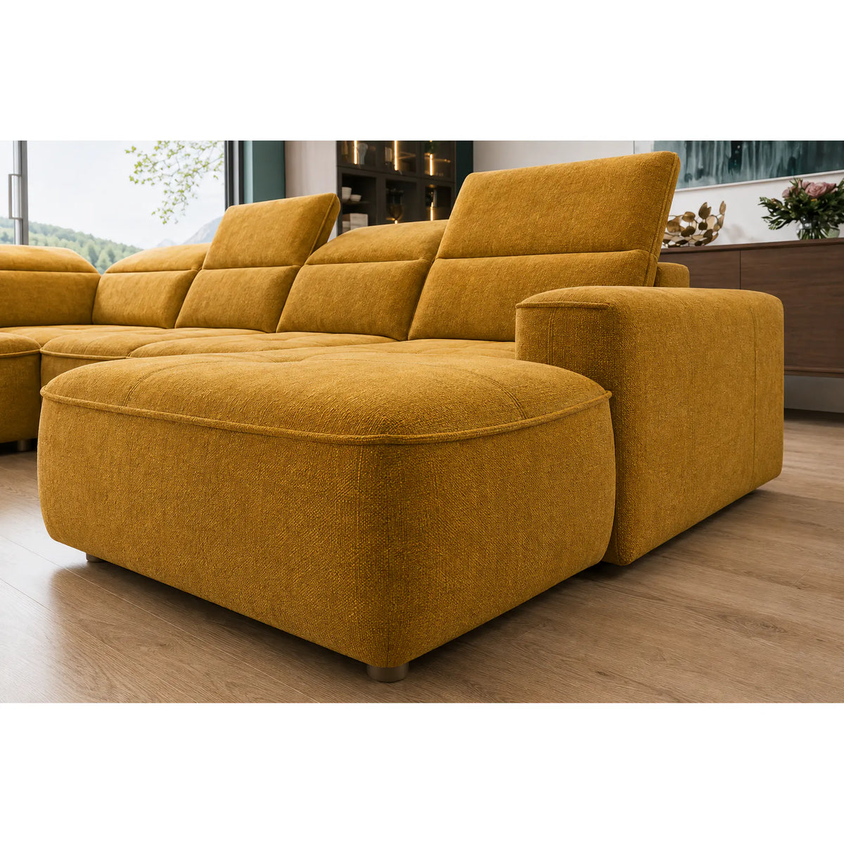Coltar extensibil COLOMBO XL, sezlong stanga, stofa clasica galben mustar - Austin 11, cu sistem electric de ajustare a adancimii, tetiere, spatar si sezut reglabile, lada depozitare, 376x227x103 cm
