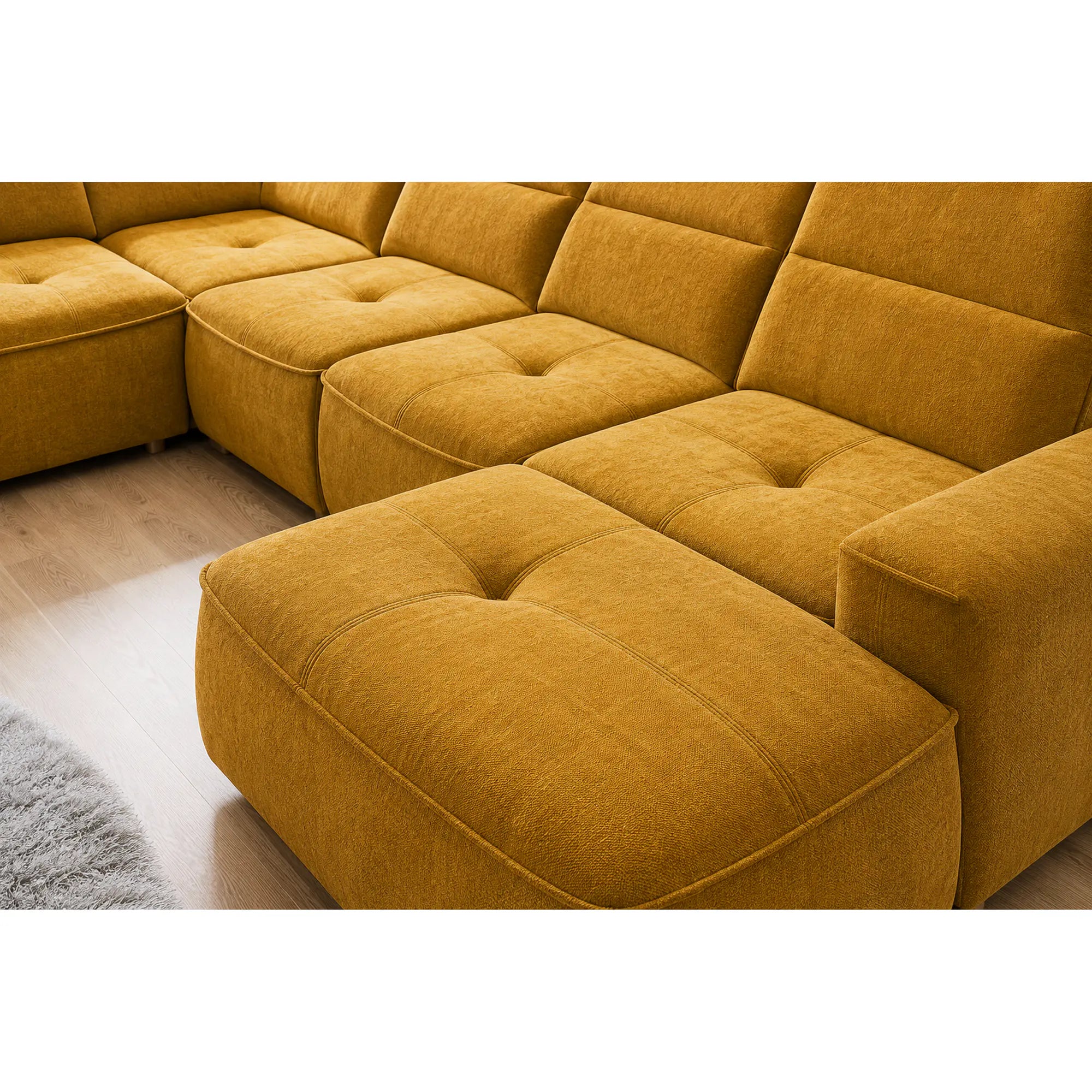 Coltar extensibil COLOMBO XL, sezlong stanga, stofa clasica galben mustar - Austin 11, cu sistem electric de ajustare a adancimii, tetiere, spatar si sezut reglabile, lada depozitare, 376x227x103 cm
