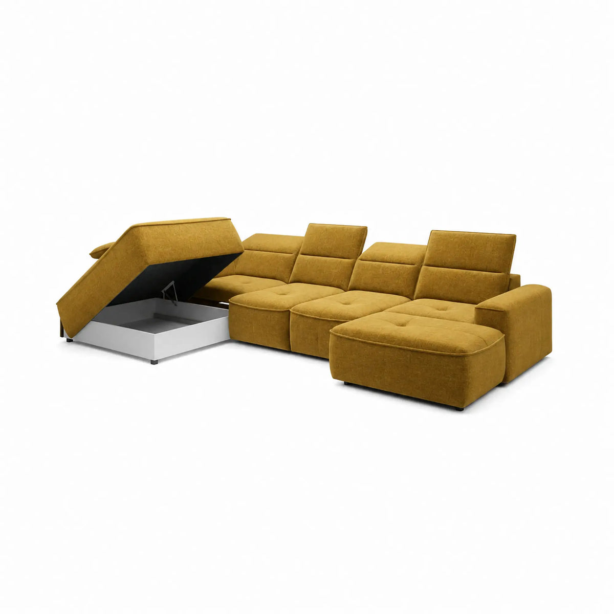 Coltar extensibil COLOMBO XL, sezlong stanga, stofa clasica galben mustar - Austin 11, cu sistem electric de ajustare a adancimii, tetiere, spatar si sezut reglabile, lada depozitare, 376x227x103 cm