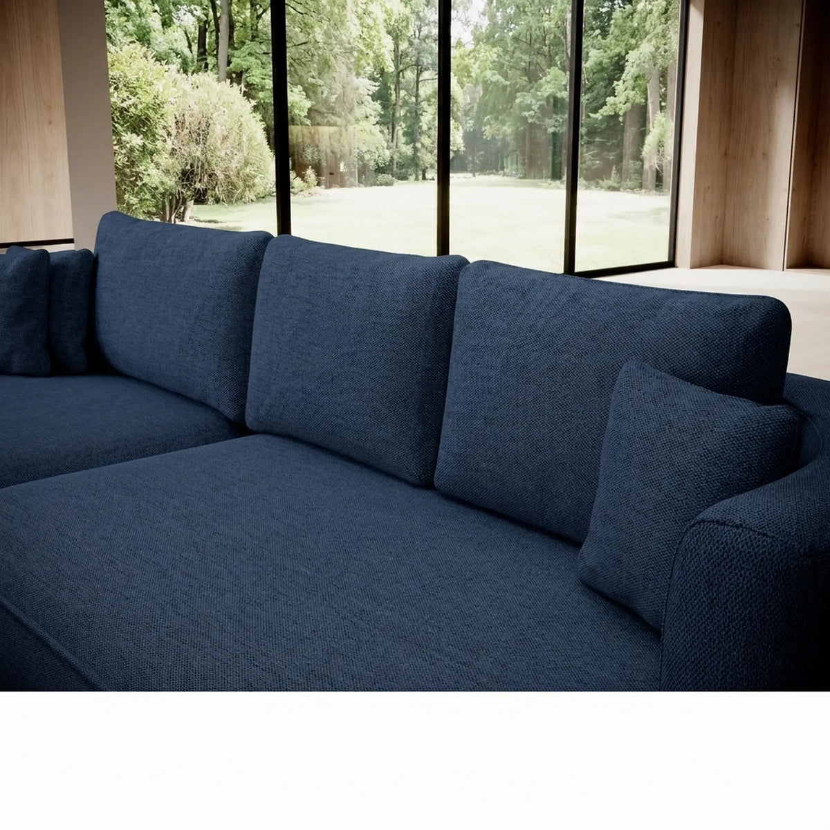 Coltar extensibil FIORE, sezlong stanga, stofa catifelata albastru inchis - Palladium 12, cu lada depozitare, 284x183x82 cm