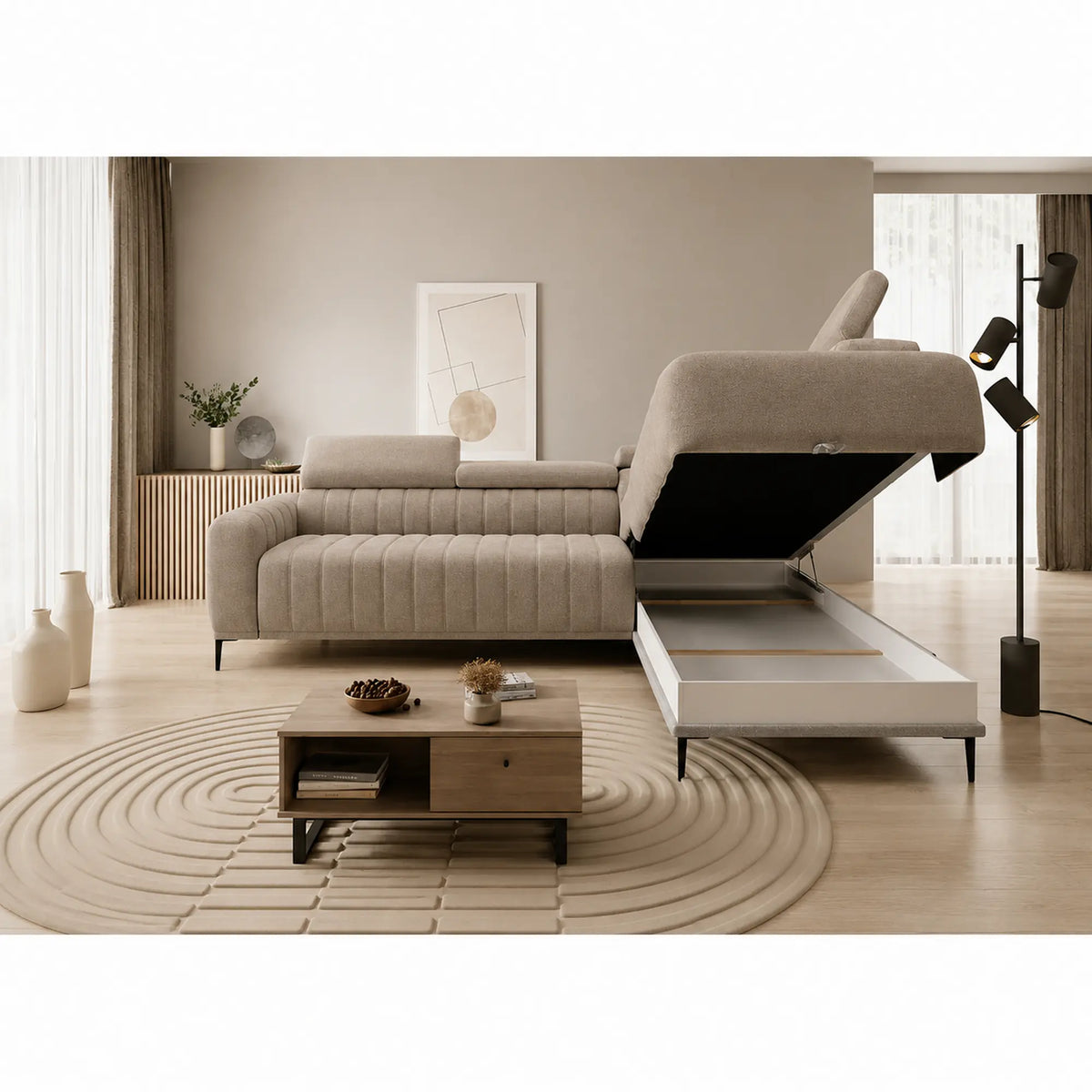 Coltar extensibil GANDI 160, sezlong dreapta, stofa catifelata bej - Vogue 02, cu lada depozitare, 301x204x99 cm