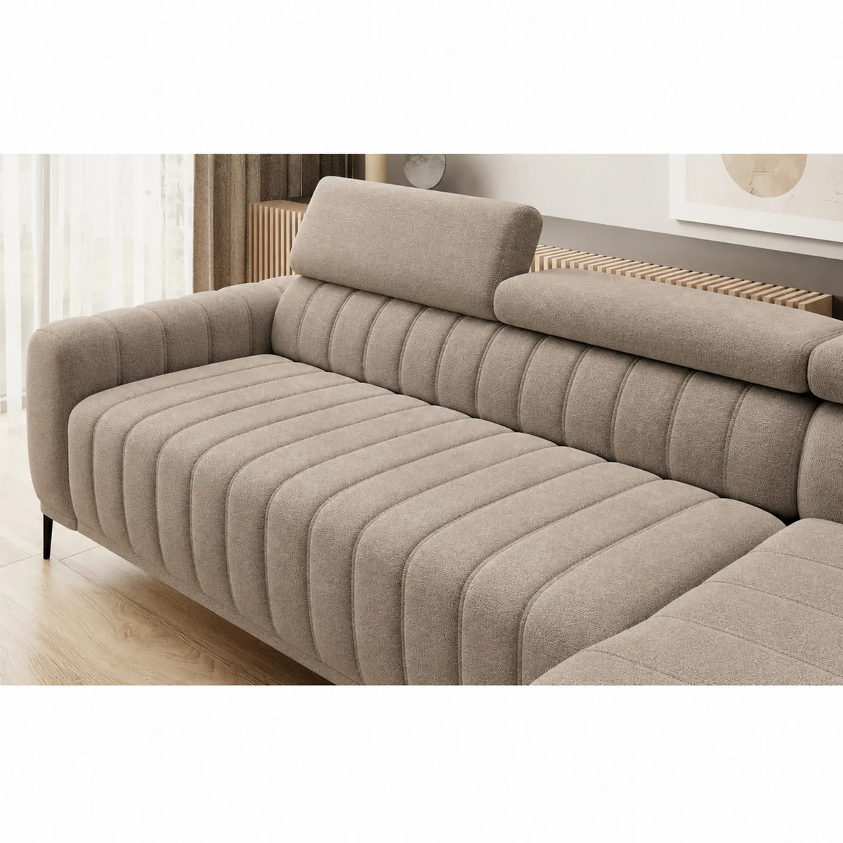 Coltar extensibil GANDI 160, sezlong dreapta, stofa catifelata bej - Vogue 02, cu lada depozitare, 301x204x99 cm