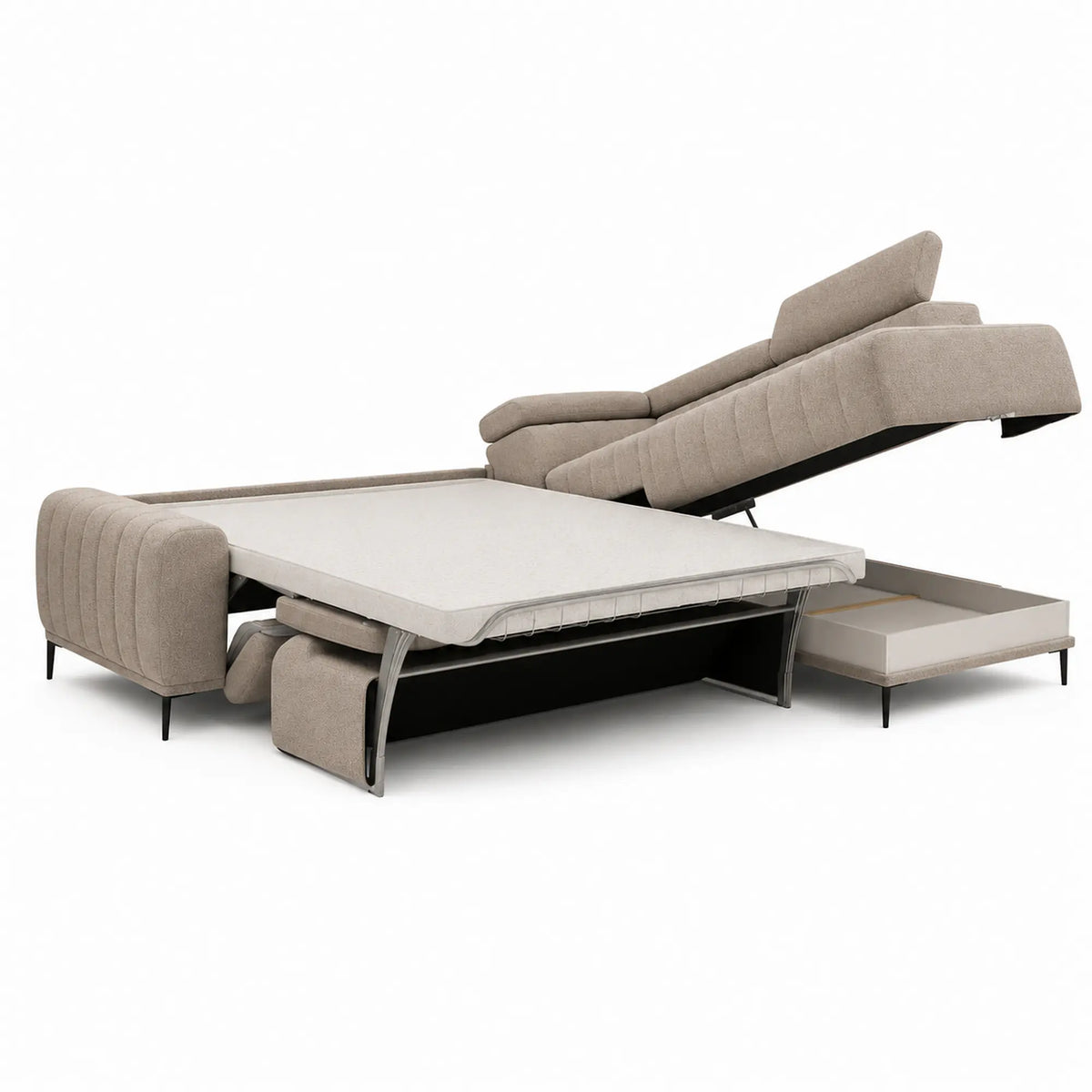 Coltar extensibil GANDI 160, sezlong dreapta, stofa catifelata bej - Vogue 02, cu lada depozitare, 301x204x99 cm