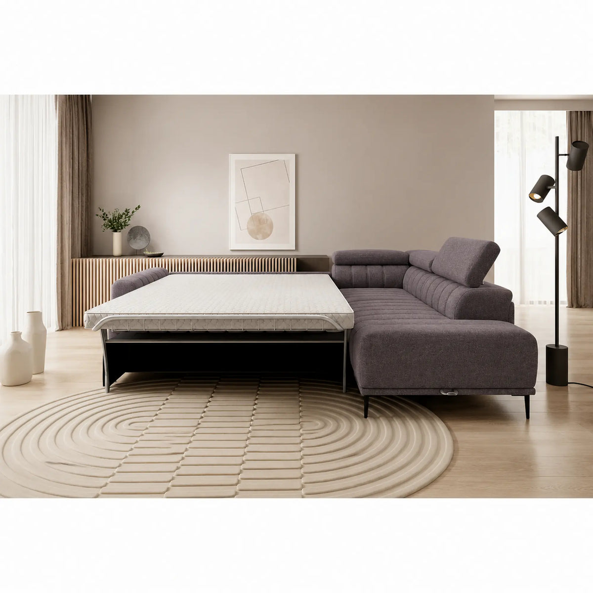 Coltar extensibil GANDI 160, sezlong dreapta, stofa catifelata gri deschis - Vogue 14, cu lada depozitare, 301x204x99 cm