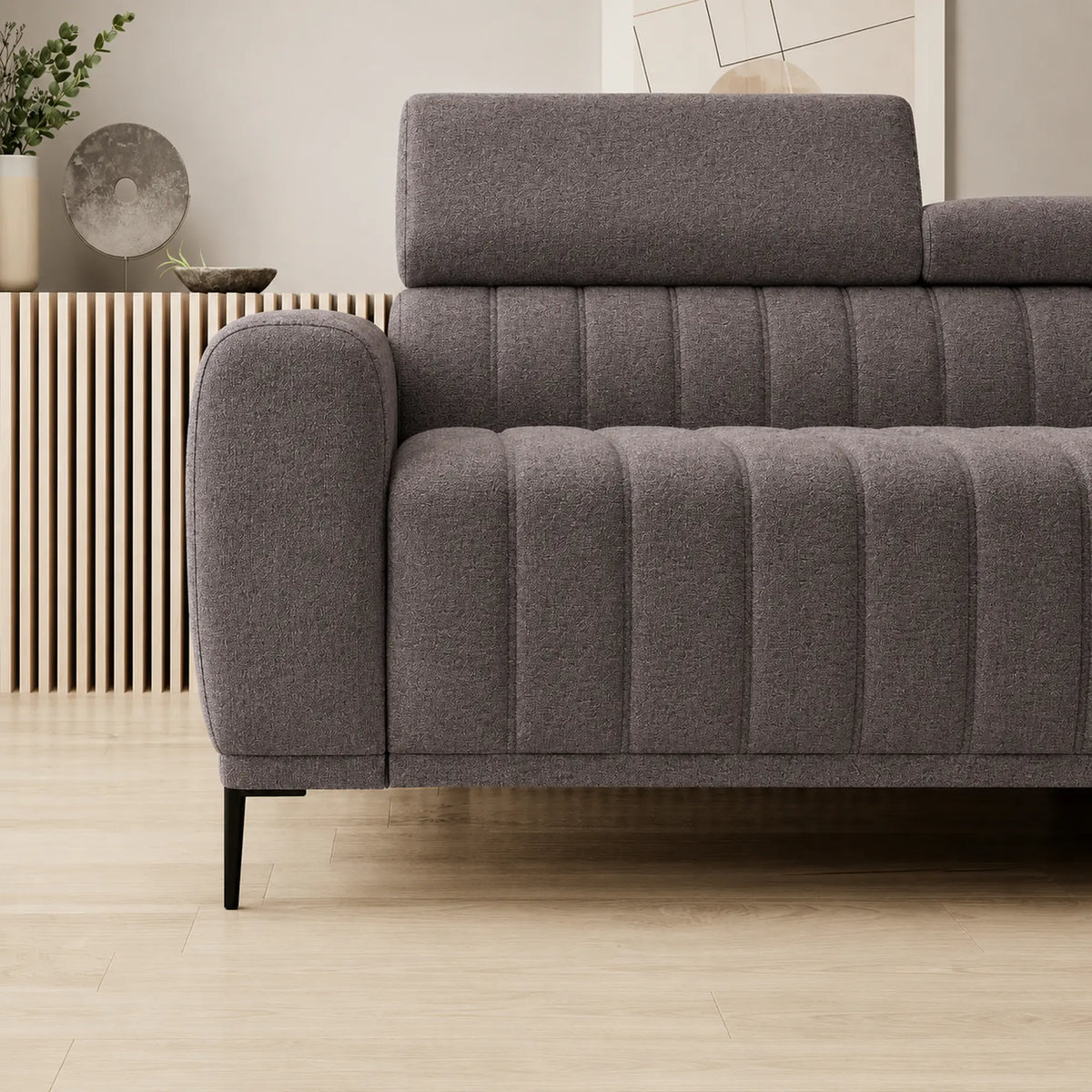 Coltar extensibil GANDI 160, sezlong dreapta, stofa catifelata gri deschis - Vogue 14, cu lada depozitare, 301x204x99 cm