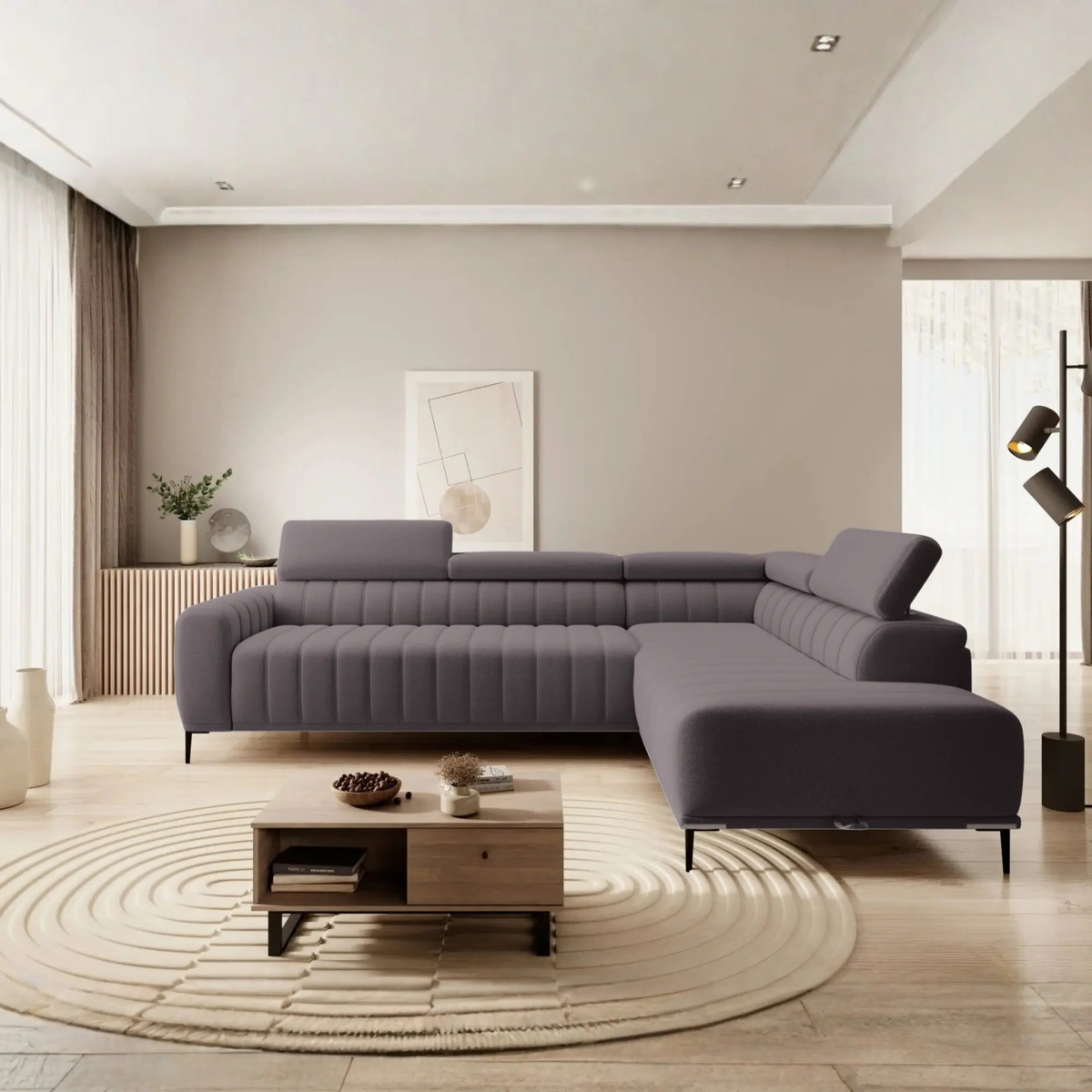 Coltar extensibil GANDI 160, sezlong dreapta, stofa catifelata gri deschis - Vogue 14, cu lada depozitare, 301x204x99 cm