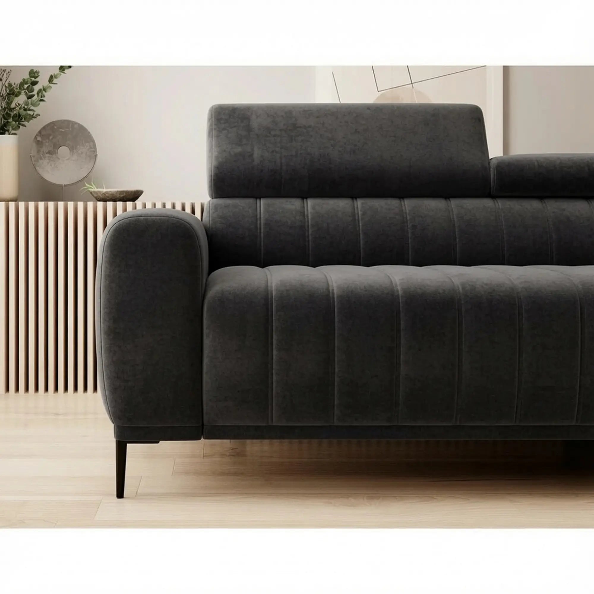 Coltar extensibil GANDI 160, sezlong dreapta, stofa catifelata gri grafit - Element 22, cu lada depozitare, 301x204x99 cm