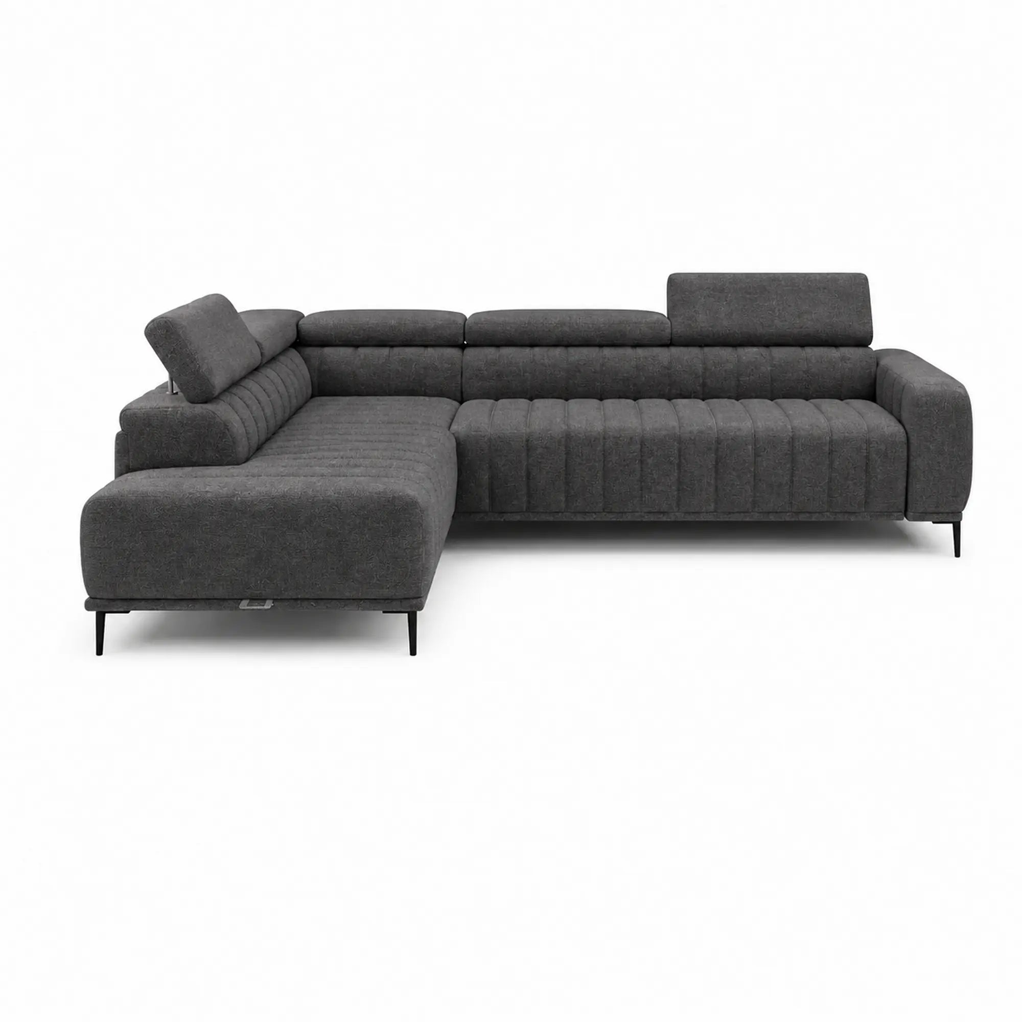 Coltar extensibil GANDI 160, sezlong stanga, stofa catifelata gri antracit - Salvador 15, cu lada depozitare si tetiere reglabile, 301x204x99 cm