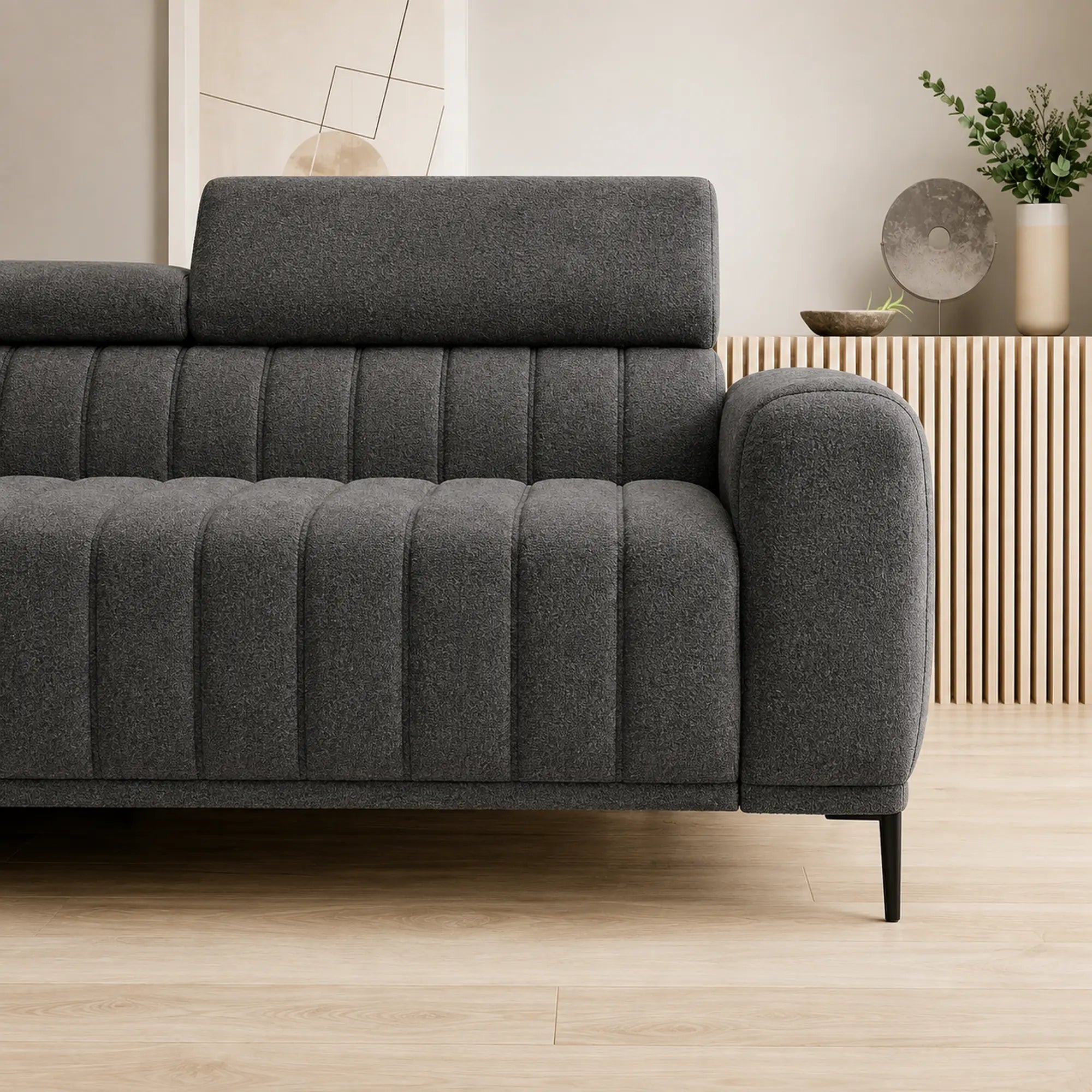 Coltar extensibil GANDI 160, sezlong stanga, stofa catifelata gri antracit - Salvador 15, cu lada depozitare si tetiere reglabile, 301x204x99 cm