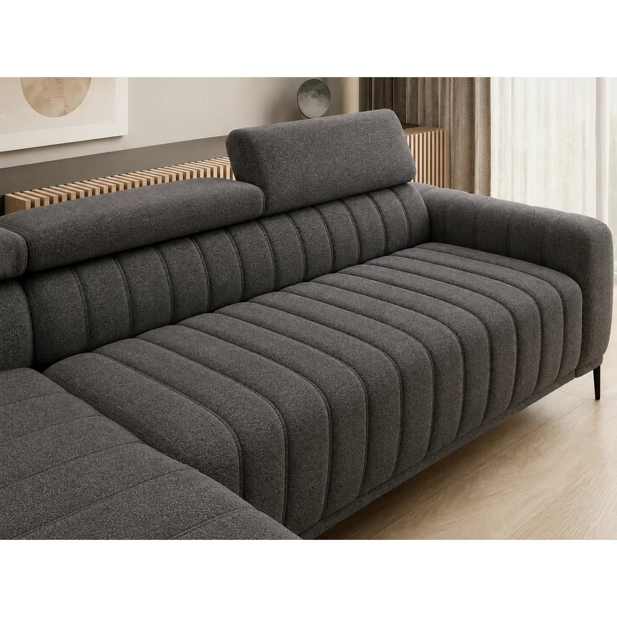 Coltar extensibil GANDI 160, sezlong stanga, stofa catifelata gri antracit - Salvador 15, cu lada depozitare si tetiere reglabile, 301x204x99 cm