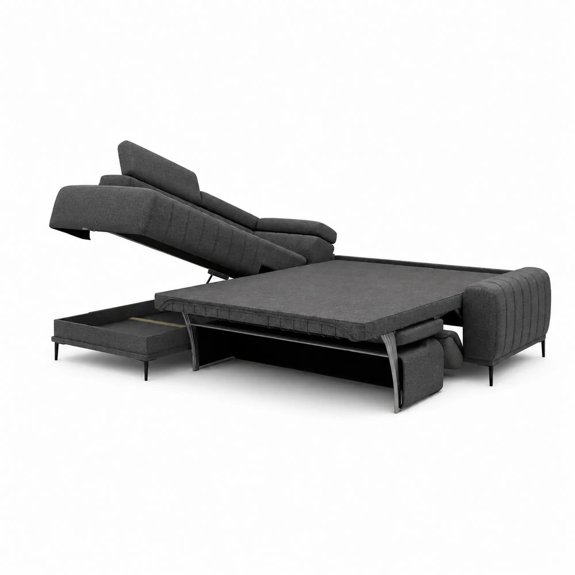 Coltar extensibil GANDI 160, sezlong stanga, stofa catifelata gri antracit - Salvador 15, cu lada depozitare si tetiere reglabile, 301x204x99 cm