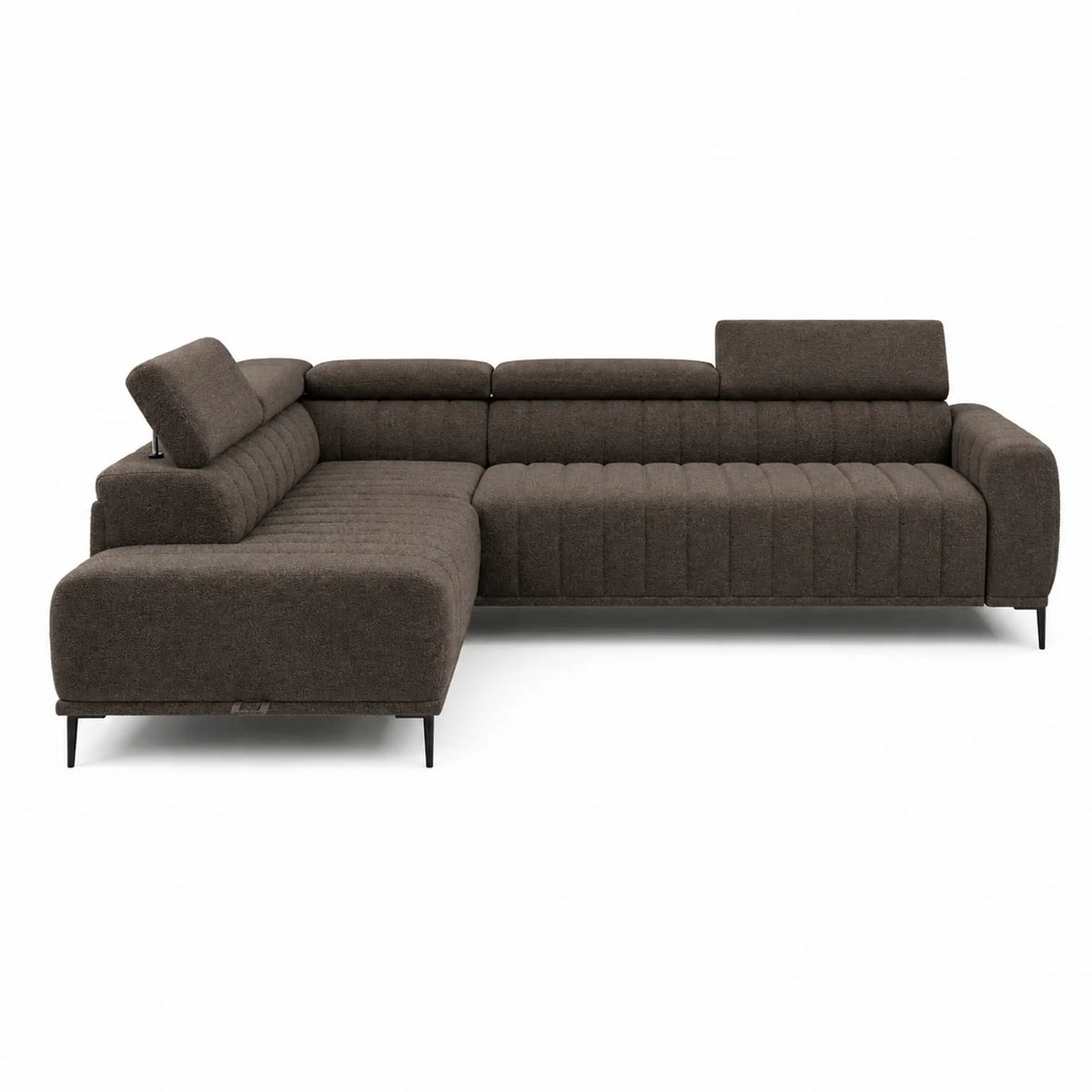 Coltar extensibil GANDI 160, sezlong stanga, stofa catifelata maro - Crown 05, cu lada depozitare si tetiere reglabile, 301x204x99 cm
