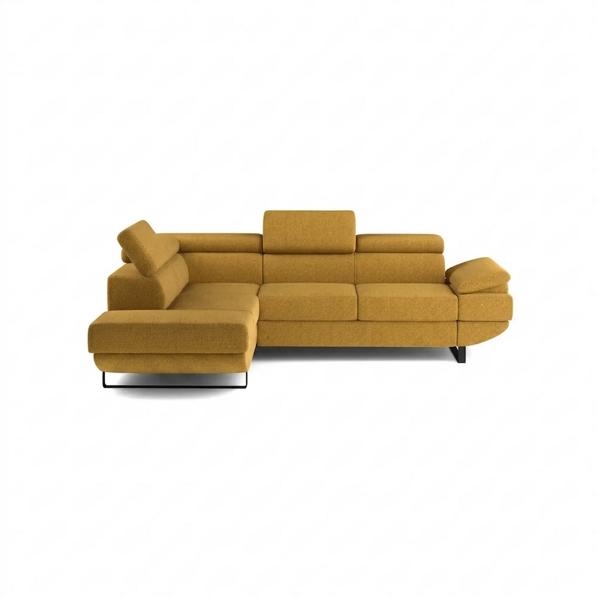 Coltar extensibil GIO, sezlong stanga, stofa clasica galben mustar - Austin 11, cu lada depozitare si tetiere reglabile, 262x200x88 cm