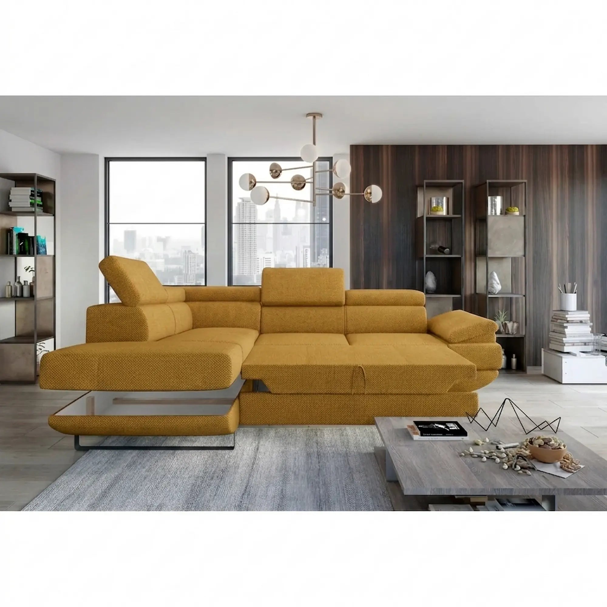 Coltar extensibil GIO, sezlong stanga, stofa clasica galben mustar - Austin 11, cu lada depozitare si tetiere reglabile, 262x200x88 cm