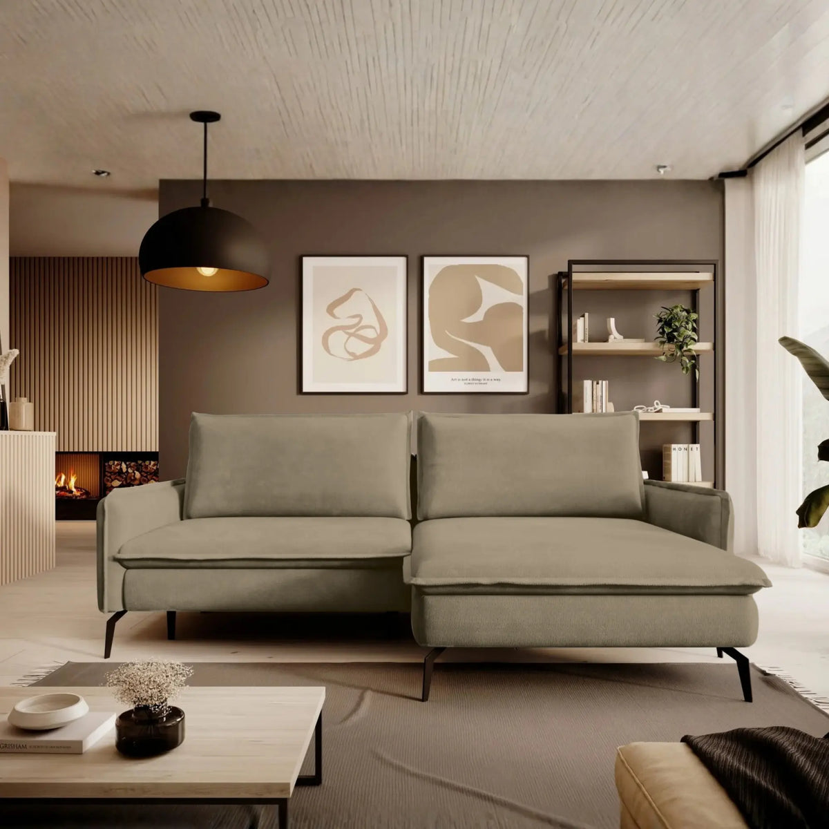 Coltar extensibil GLOSSY, sezlong dreapta, stofa catifelata bej - Riviera 16, cu lada depozitare, 226x162x88 cm