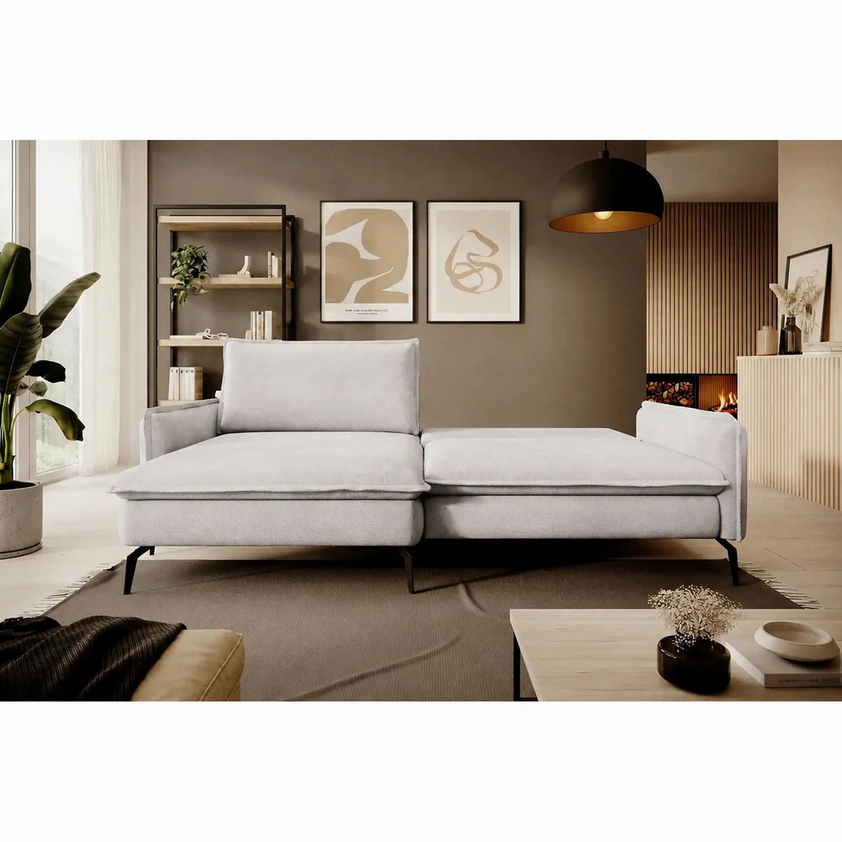 Coltar extensibil GLOSSY, sezlong stanga, stofa catifelata crem - Whisper 01, cu lada depozitare, 226x162x88 cm