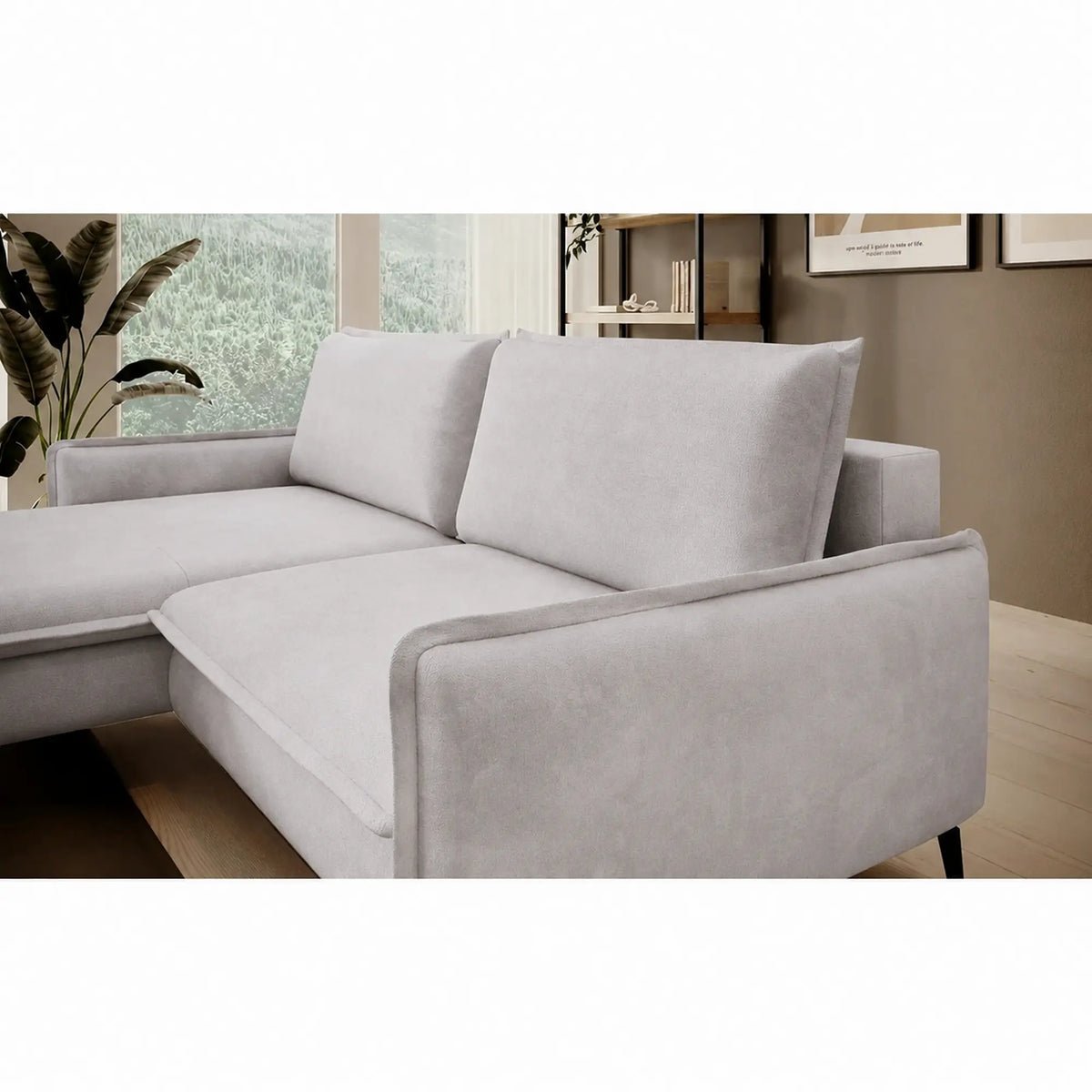 Coltar extensibil GLOSSY, sezlong stanga, stofa catifelata crem - Whisper 01, cu lada depozitare, 226x162x88 cm