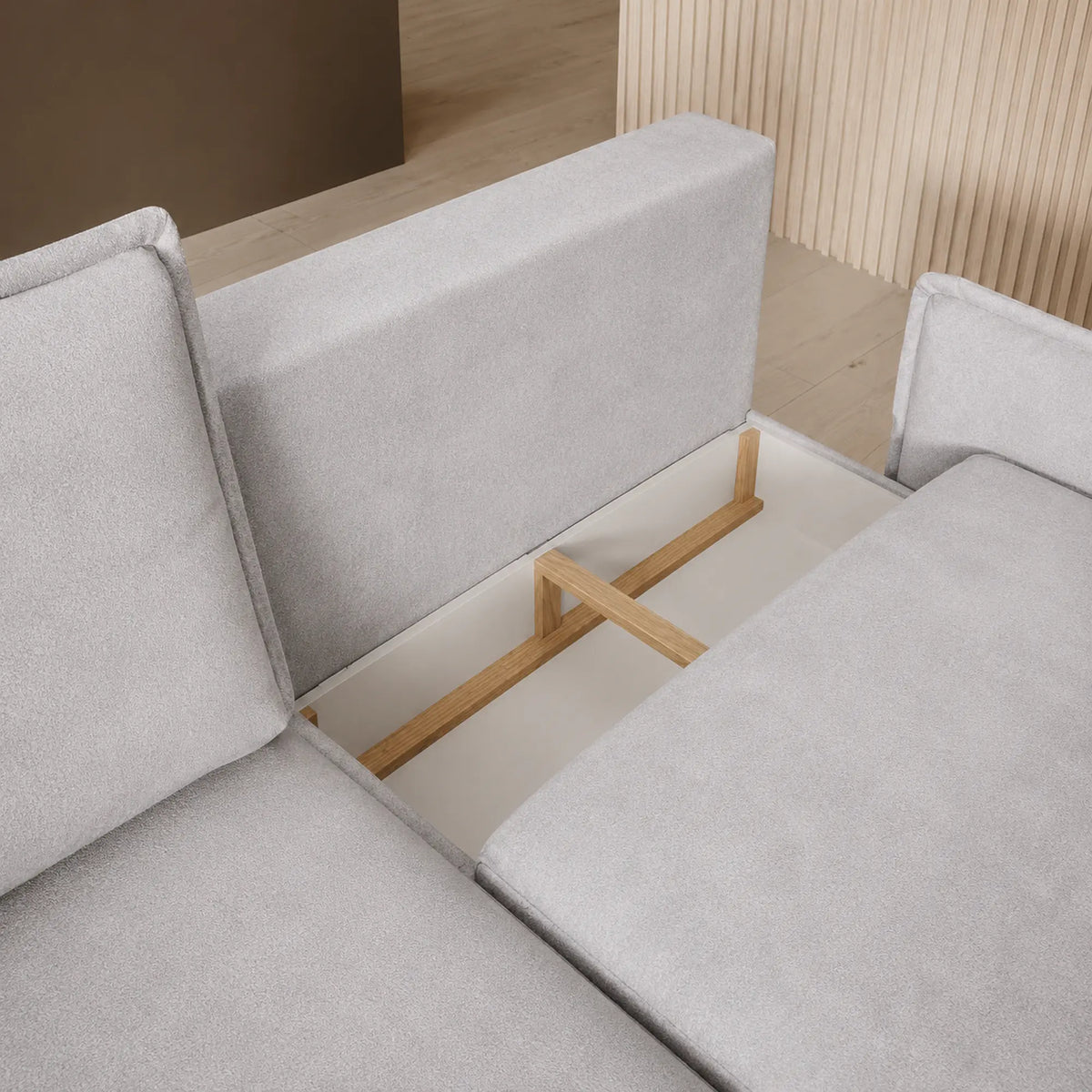 Coltar extensibil GLOSSY, sezlong stanga, stofa catifelata crem - Whisper 01, cu lada depozitare, 226x162x88 cm