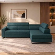 Coltar extensibil LIVIO, personalizabil, cu lada depozitare si tetiere reglabile, 249x184x90 cm