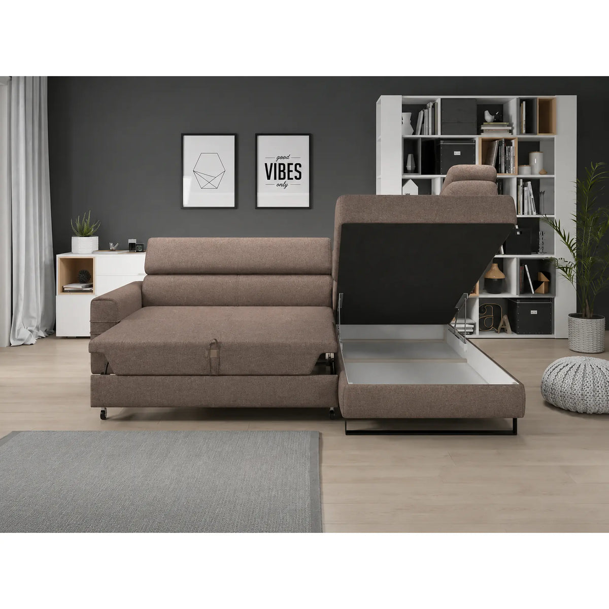 Coltar extensibil LIVIO, sezlong dreapta, stofa catifelata cappuccino - Palladium 04, cu lada depozitare si tetiere reglabile, 249x184x90 cm