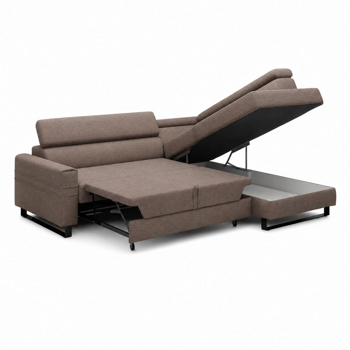 Coltar extensibil LIVIO, sezlong dreapta, stofa catifelata cappuccino - Palladium 04, cu lada depozitare si tetiere reglabile, 249x184x90 cm