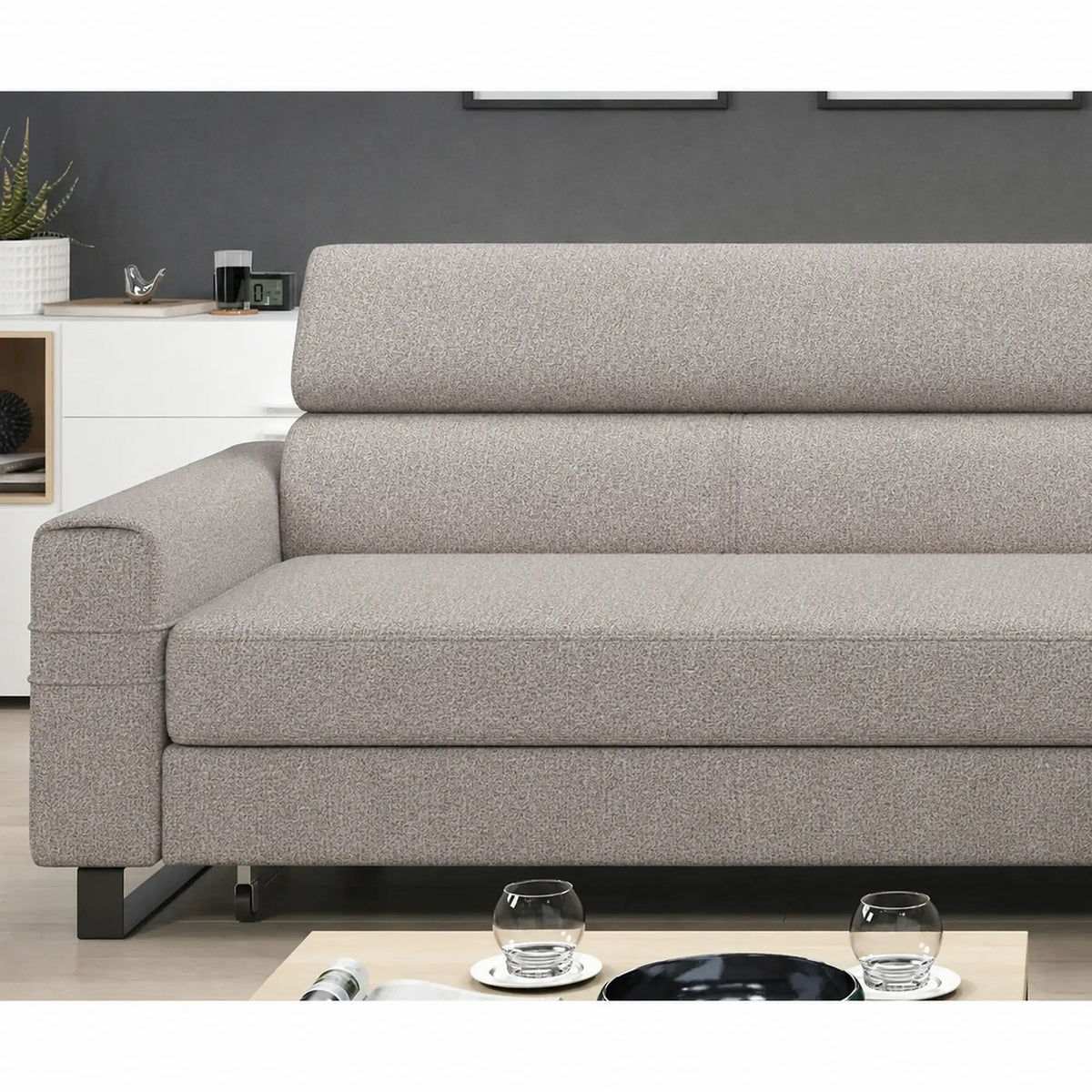 Coltar extensibil LIVIO, sezlong dreapta, stofa catifelata gri - Element 4, cu lada depozitare si tetiere reglabile, 249x184x90 cm