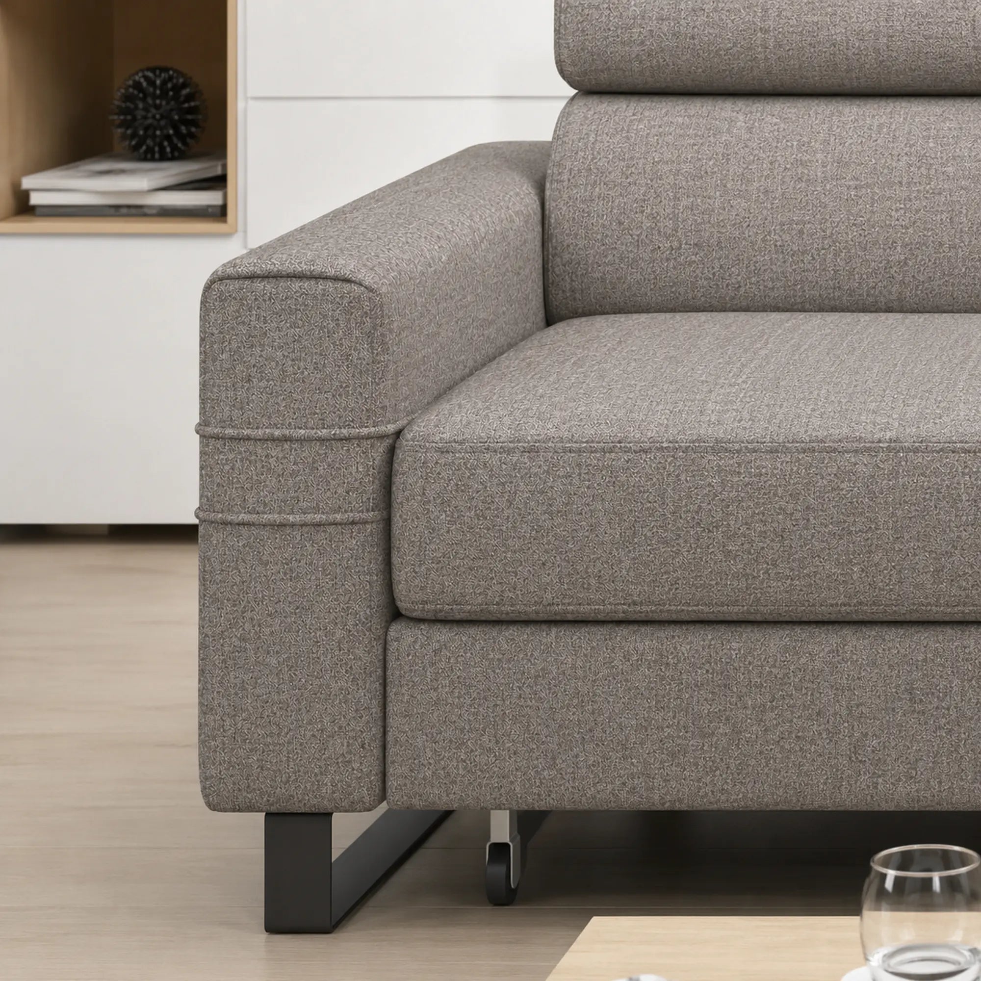 Coltar extensibil LIVIO, sezlong dreapta, stofa catifelata gri - Element 4, cu lada depozitare si tetiere reglabile, 249x184x90 cm