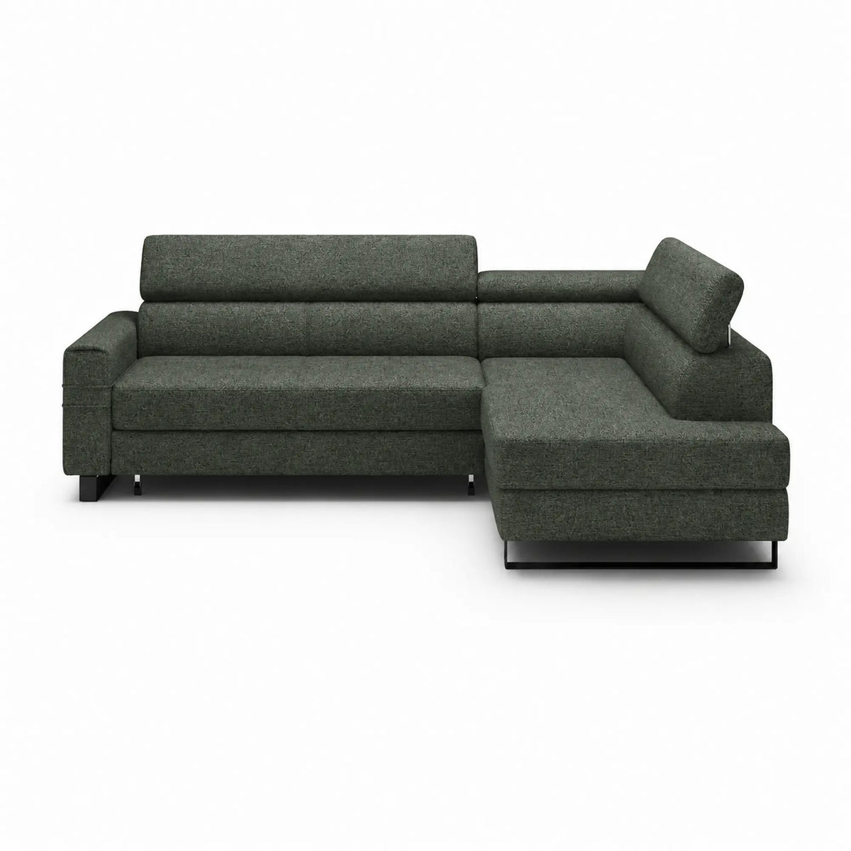 Coltar extensibil LIVIO, sezlong dreapta, stofa catifelata verde inchis - Vogue 11, cu lada depozitare si tetiere reglabile, 249x184x90 cm