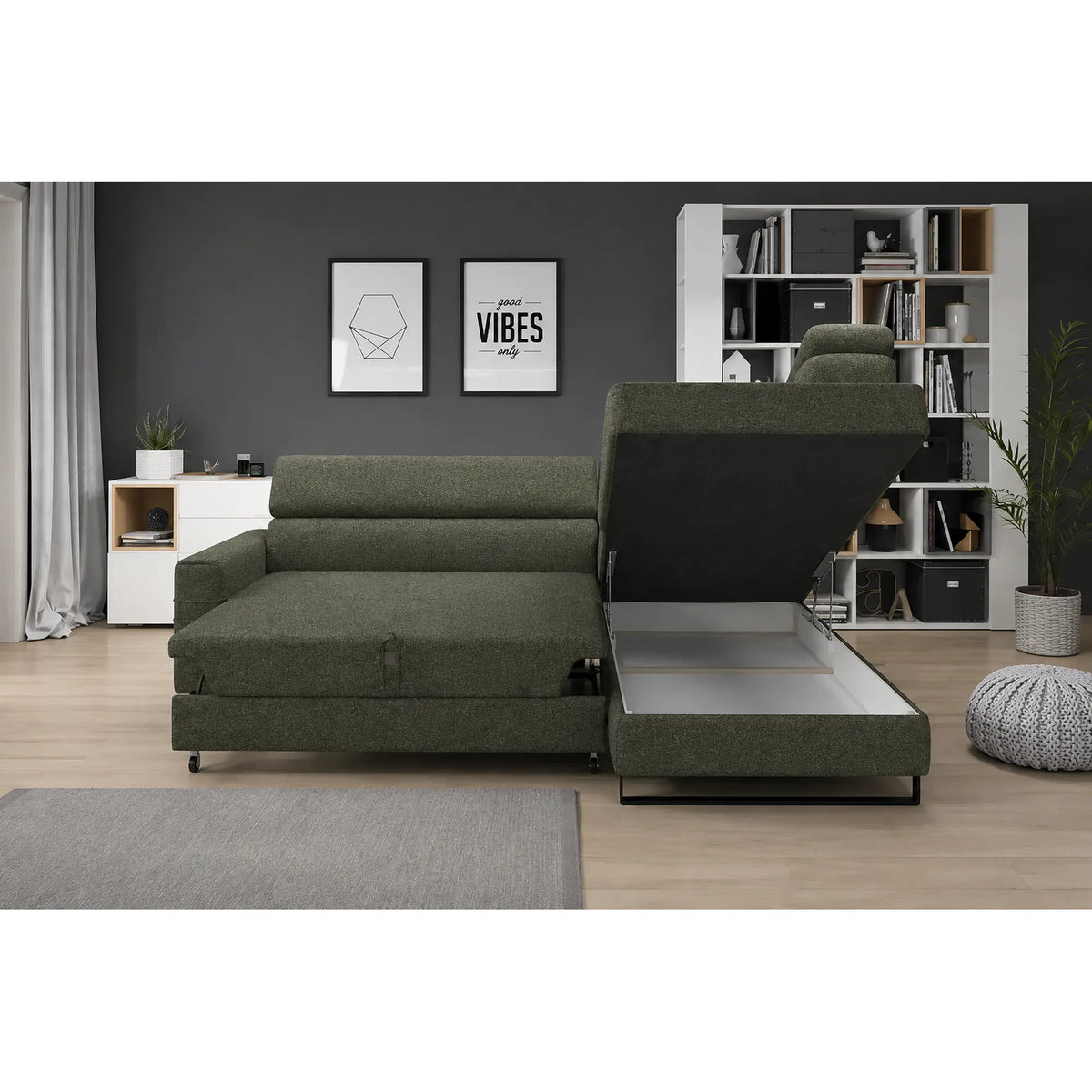 Coltar extensibil LIVIO, sezlong dreapta, stofa catifelata verde inchis - Vogue 11, cu lada depozitare si tetiere reglabile, 249x184x90 cm