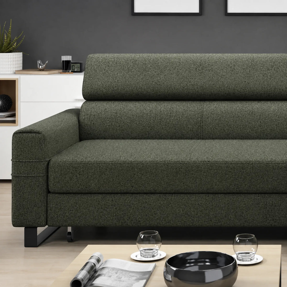 Coltar extensibil LIVIO, sezlong dreapta, stofa catifelata verde inchis - Vogue 11, cu lada depozitare si tetiere reglabile, 249x184x90 cm
