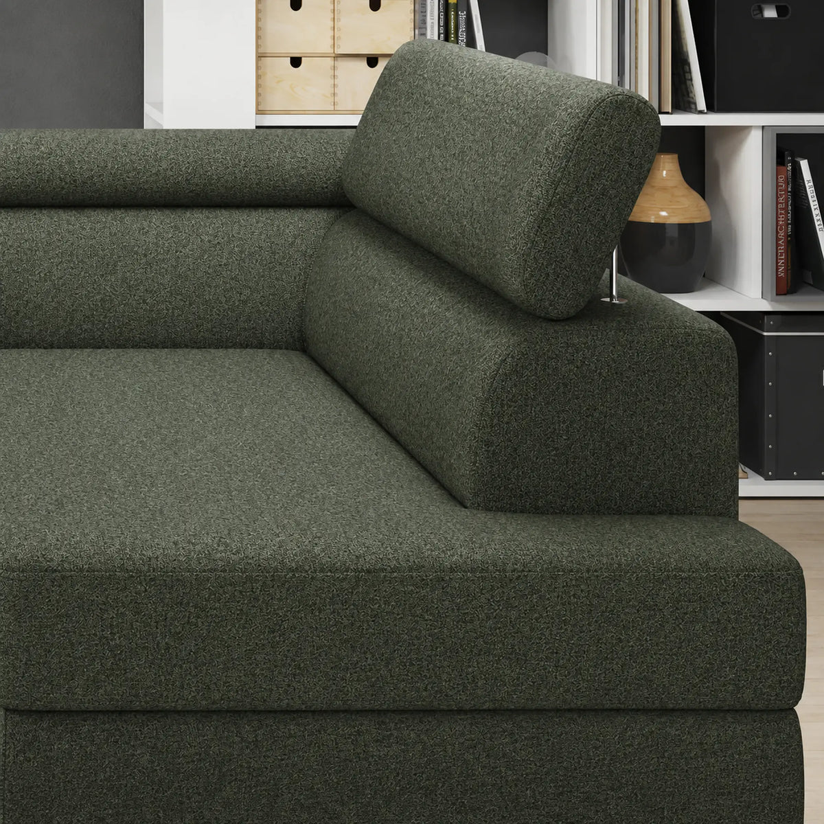 Coltar extensibil LIVIO, sezlong dreapta, stofa catifelata verde inchis - Vogue 11, cu lada depozitare si tetiere reglabile, 249x184x90 cm