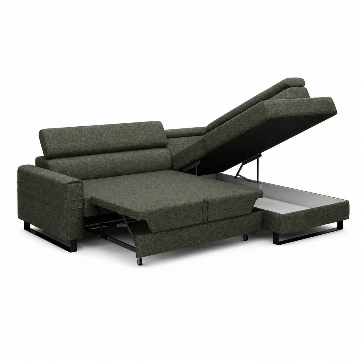 Coltar extensibil LIVIO, sezlong dreapta, stofa catifelata verde inchis - Vogue 11, cu lada depozitare si tetiere reglabile, 249x184x90 cm