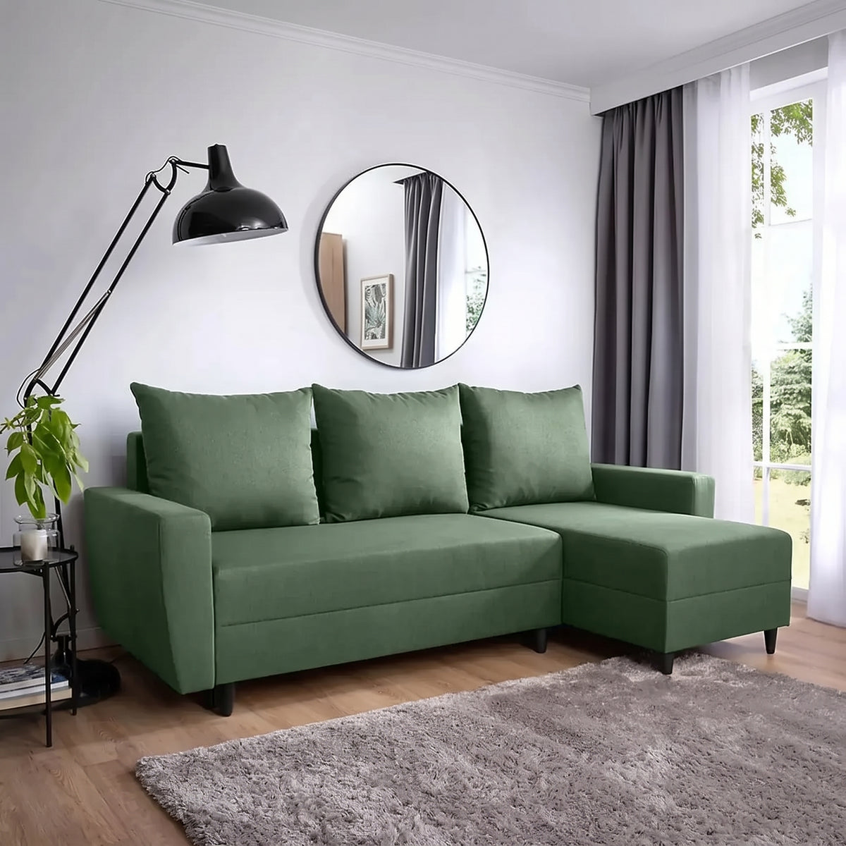 Coltar extensibil MALIN, universal, stofa clasica verde - Neve 34, cu lada depozitare, 230x136x98 cm