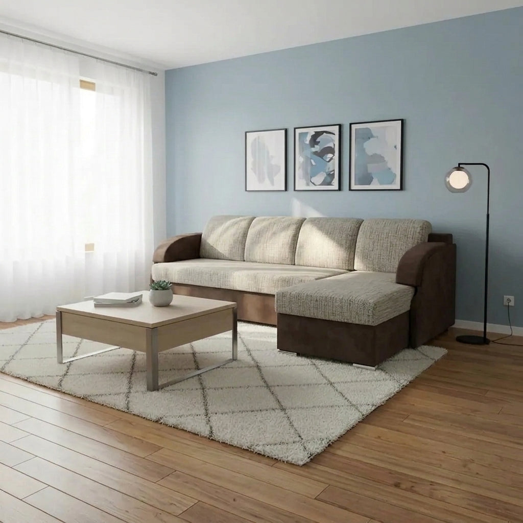 Coltar extensibil MERIN, universal, stofa catifelata maro/gri, cu lada depozitare, 205x138x89 cm