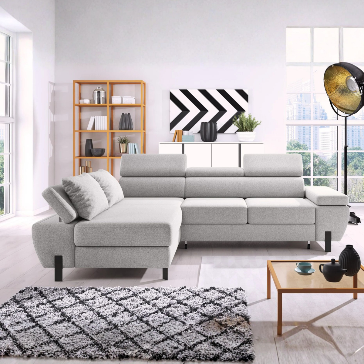 Coltar extensibil MOLINA MINI, personalizabil, cu lada depozitare si tetiere reglabile, 277x189x90 cm
