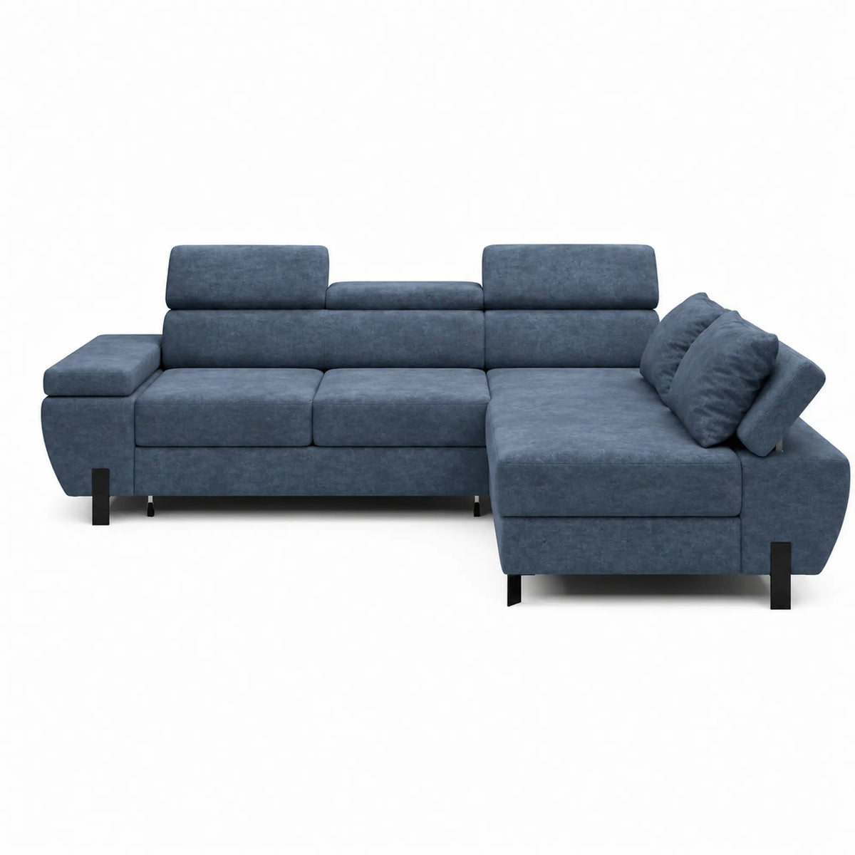 Coltar extensibil MOLINA MINI, sezlong dreapta, stofa catifelata albastru - Whisper 12, cu lada depozitare, 277x189x90 cm
