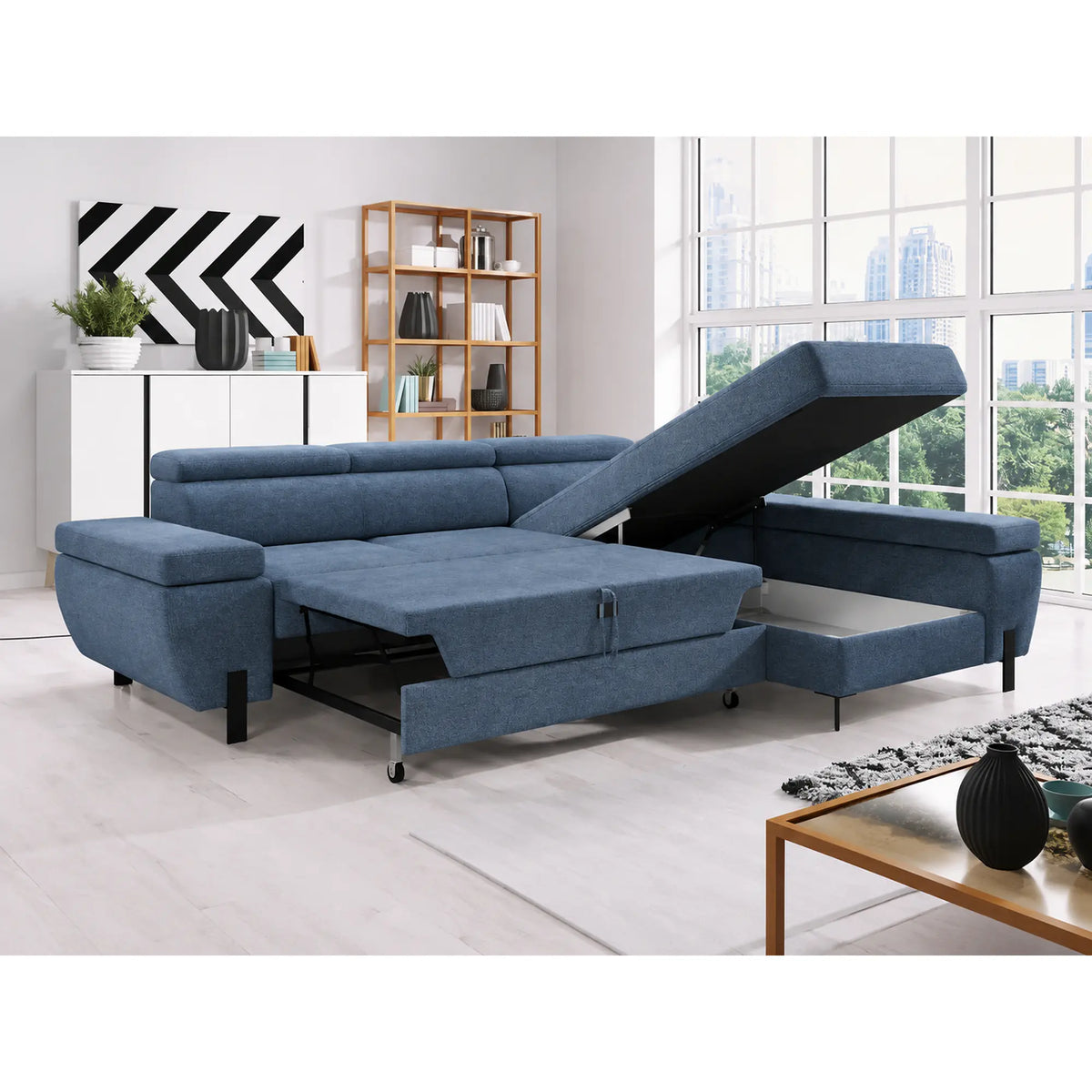 Coltar extensibil MOLINA MINI, sezlong dreapta, stofa catifelata albastru - Whisper 12, cu lada depozitare, 277x189x90 cm