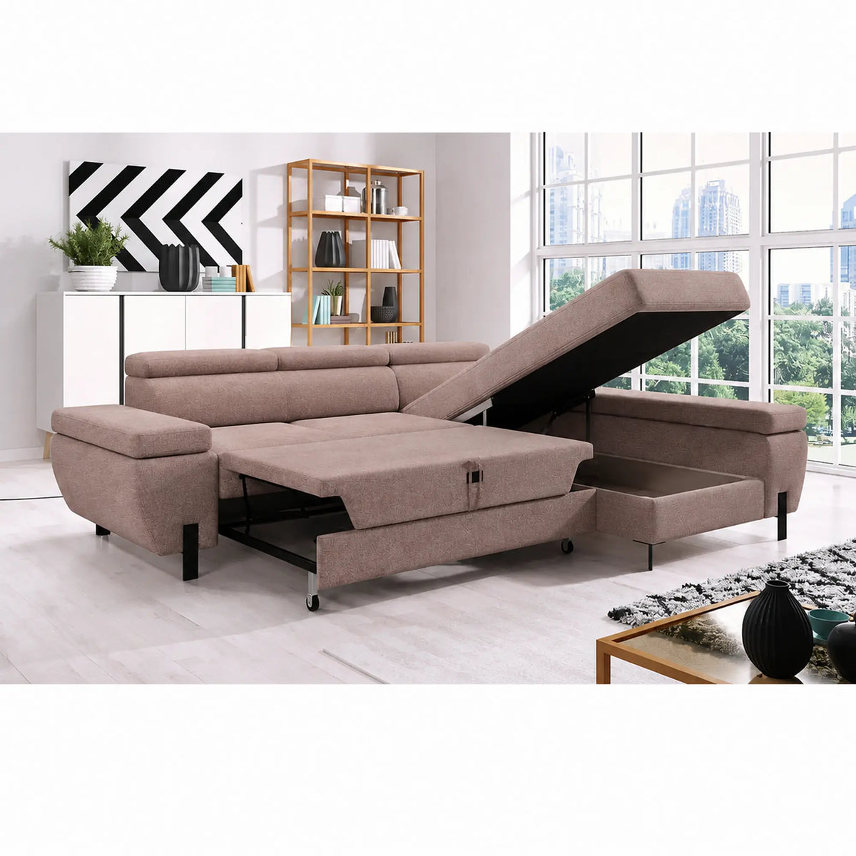 Coltar extensibil MOLINA MINI, sezlong dreapta, stofa catifelata maro - Palladium 04, cu lada depozitare, 277x189x90 cm